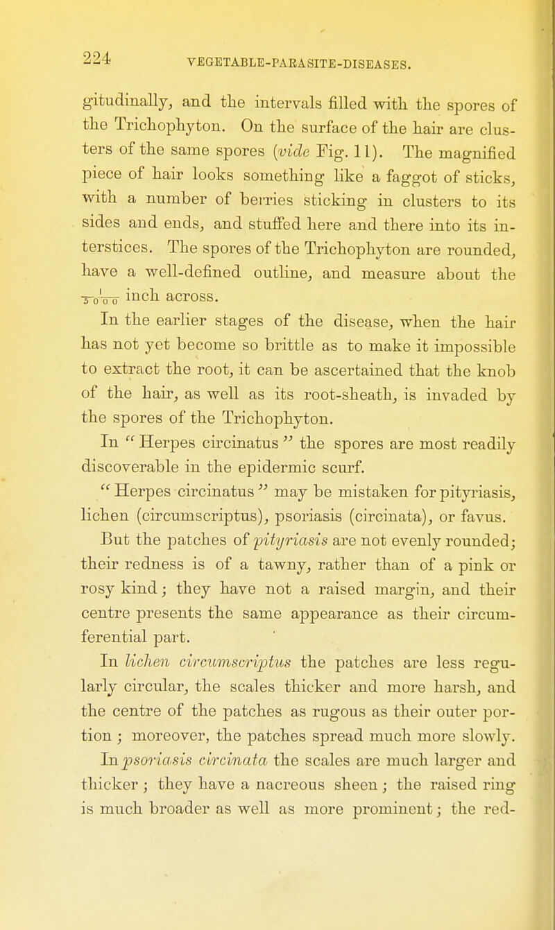 gitudinally, and the intervals filled with the spores of the Trichophyton. On the surface of the hair are clus- ters of the same spores {vide Fig. 11). The magnified piece of hair looks somethiug like a faggot of sticks, with a number of berries sticking in clusters to its sides and ends, and stuffed here and there into its in- terstices. The spores of the Trichophyton are rounded, have a well-defined outline, and measure about the —0V0 hich across. In the earlier stages of the disease, when the hair has not yet become so brittle as to make it impossible to extract the root, it can be ascertained that the knob of the hair, as well as its root-sheath, is invaded by the spores of the Trichophyton. In  Herpes circinatus  the spores are most readily discoverable in the epidermic scurf.  Herpes circinatus  may be mistaken for pityriasis, lichen (circumscriptus), psoriasis (circinata), or favus. But the patches of pityriasis are not evenly rounded; their redness is of a tawny, rather than of a piuk or rosy kind; they have not a raised margin, and their centre presents the same appearance as their circum- ferential part. In lichen circumscriptus the patches are less regu- larly circular, the scales thicker and more harsh, and the centre of the patches as rugous as their outer por- tion ; moreover, the patches spread much more slowly. ~h± psoriasis circinata the scales are much larger and thicker ; they have a nacreous sheen ; the raised ring is much broader as well as more prominent; the red-