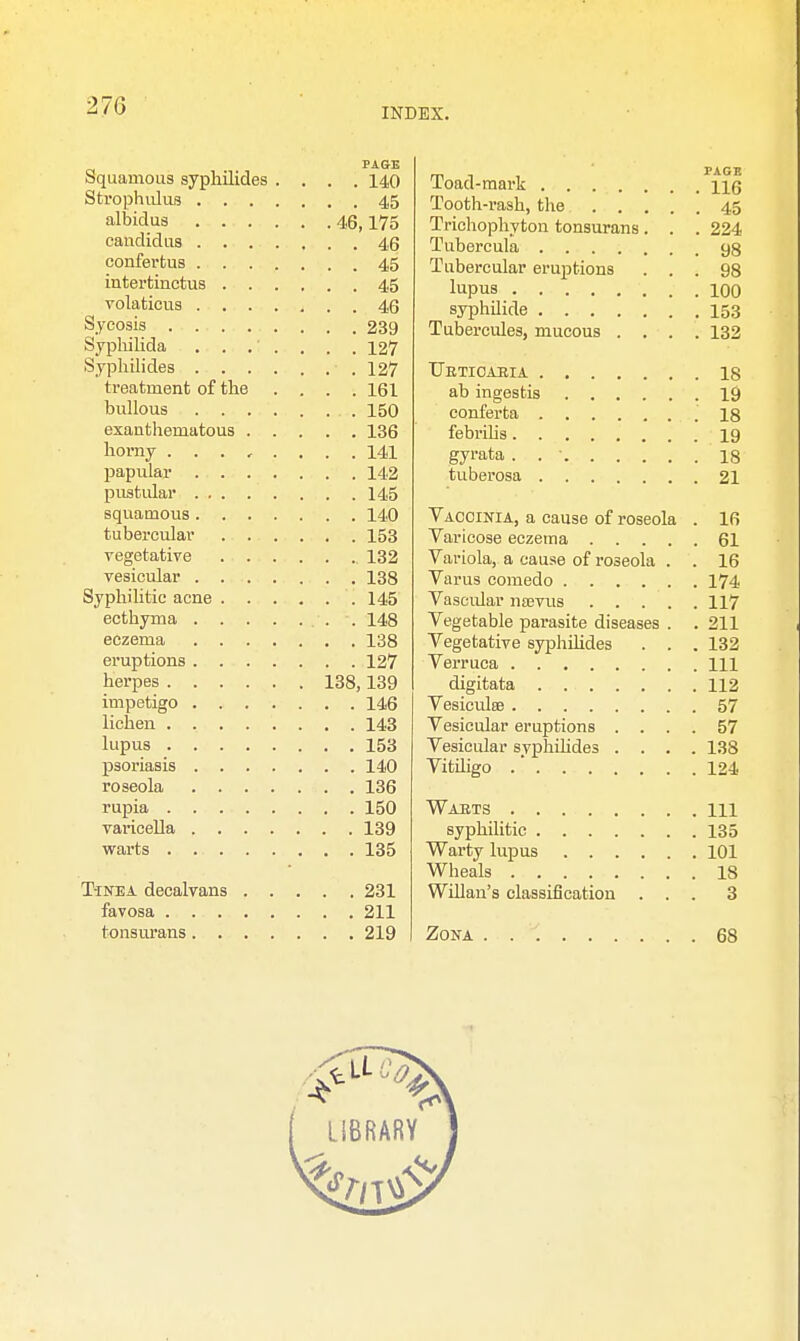 INDEX. Squamous syphilides .... 140 Strophulus 45 albidus 46,175 candidus 46 confertus 45 intertinctus 45 volaticus 46 Sycosis 239 Syphilida ....... 127 Syphilides .127 treatment of the .... 161 bullous 150 exanthematous 136 horny ........ 141 papular 142 pustular 145 squamous 140 tubercular 153 vegetative 132 vesicular 138 Syphilitic acne 145 ecthyma . 148 eczema 138 eruptions 127 herpes 138,139 impetigo 146 lichen 143 lupus 153 psoriasis 140 roseola 136 rupia 150 varicella 139 warts 135 Tinea decalvans 231 favosa 211 tonsurans 219 Toad-mai-k H6 Tooth-rash, the 45 Trichophyton tonsurans. . . 224 Tubercula 98 Tubercular eruptions ... 98 lupus 100 syphilide 153 Tubercules, mucous .... 132 TTktioahia is ab ingestis 19 conferta 18 febrilis 19 gyrata . . ■ 18 tuberosa 21 Vaccinia, a cause of roseola . lfi Varicose eczema 61 Variola, a cause of roseola . . 16 Varus comedo 174 Vascular nsevus 117 Vegetable parasite diseases . . 211 Vegetative syphilides . . . 132 Verruca Ill digitata 112 Vesiculee 57 Vesicular eruptions .... 57 Vesicular syphilides .... 138 Vitiligo .' 124 Warts m syphilitic 135 Warty lupus 101 Wheals 18 Willan's classification ... 3 Zona 68