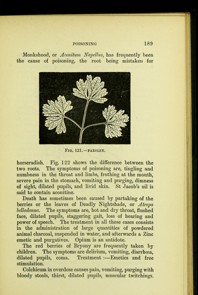 Monkshood, or Aconitum Napellus, has frequently been the cause of poisoning, the root being mistaken for Fig. 121.—PARSLEY. horseradish. Fig. 122 shows the difference between the two roots. The symptoms of poisoning are, tingling and numbness in the throat and limbs, frothing at the mouth, severe pain in the stomach, vomiting and purging, dimness of sight, dilated pupils, and livid skin. St Jacob's oil is said to contain aconitine. Death has sometimes been caused by partaking of the berries or the leaves of Deadly Nightshade, or Atropa belladonna. The symptoms are, hot and dry throat, flushed face, dilated pupils, staggering gait, loss of hearing and power of speech. The treatment in all these cases consists in the administration of large quantities of powdered animal charcoal, suspended in water, and afterwards a Zinc emetic and purgatives. Opium is an antidote. The red berries of Bryony are frequently taken by children. The symptoms are delirium, vomiting, diarrhoea, dilated pupils, coma. Treatment :—Emetics and free stimulation. Colchicum in overdose causes pain, vomiting, purging with bloody stools, thirst, dilated pupils, muscular twitchings.