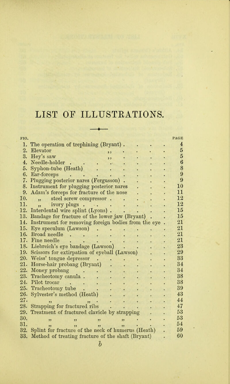 LIST OF ILLUSTEATIONS. FIG. PAGE 1. The operation of trepMning (Bryant) .... 4 2. Elevator • • • • 5 3. Hey's saw . . . . 5 4. Needle-holder ........ 6 5. Syphon-tube (Heath) ...... 8 6. Ear-forceps 9 7. Plugging posterior nares (Fergusson) .... 9 8. Instrument for plugging posterior nares . . . 10 9. Adam's forceps for fracture of the nose . . . 11 10. „ steel screw compressor . . . . . 12 11. „ ivory plugs 12 12. Interdental wire splint (Lyons) 15 13. Bandage for fracture of the lower jaw (Bryant) . . 15 14. Instrument for removing foreign bodies from the eye . 21 15. Eye speculum (Lawson) 21 16. Broad needle 21 17. Fine needle 21 18. Liebreich's eye bandage (Lawson) .... 23 19. Scissors for extirpation of eyeball (Lawson) . . 29 20. Weiss' tongue depressor 33 21. Horse-hair probang (Bryant) 34 22. Money probang ....... 34 23. Tracheotomy canula 38 24. Pilot trocar 38 25. Tracheotomy tube 39 26. Sylvester's method (Heath) 43 27. „ „ 44 28. Strapping for fractured ribs 47 29. Treatment of fractured clavicle by strapping . . 53 30. „ „ . . . 53 31. „ „ „ „ . . . 54 32. Splint for fracture of the neck of humerus (Heath) . 59 33. Method of treating fracture of the shaft (Bryant) . 60 I