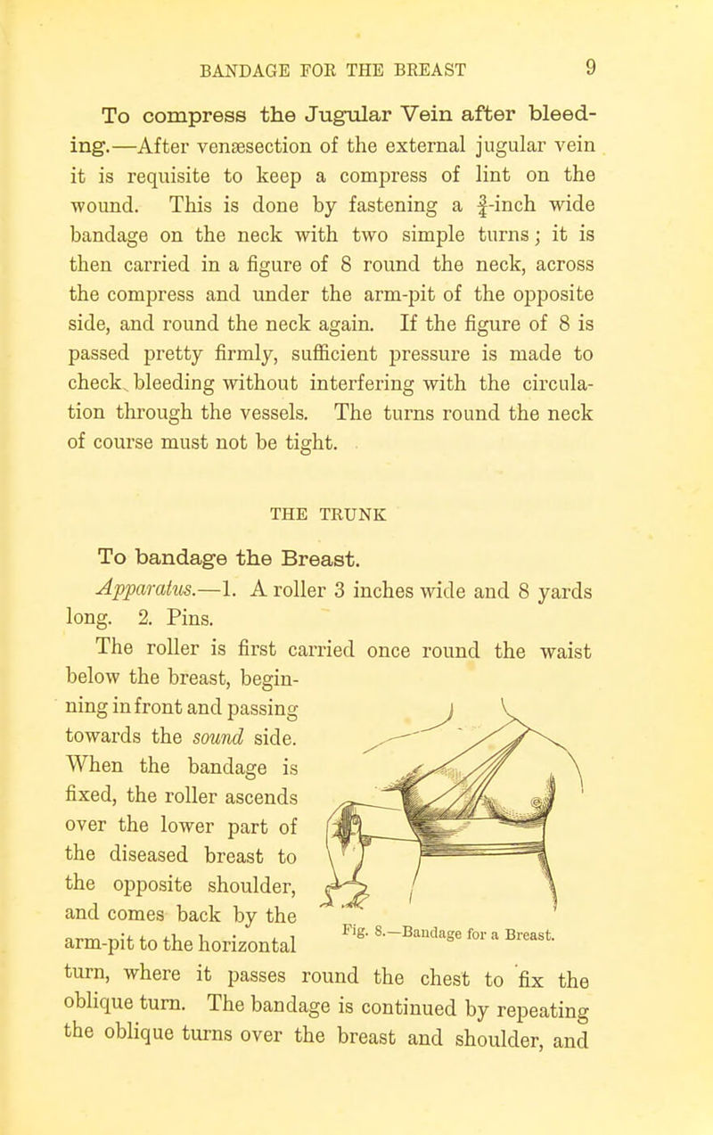 To compress the Jugular Vein after bleed- ing.—After venisection of the external jugular vein it is requisite to keep a compress of lint on the wound. This is done by fastening a f-inch wide bandage on the neck with two simple turns; it is then carried in a figure of 8 round the neck, across the compress and under the arm-pit of the opposite side, and round the neck again. If the figure of 8 is passed pretty firmly, sufficient pressure is made to check, bleeding without interfering with the circula- tion through the vessels. The turns round the neck of course must not be tight. . THE TRUNK To bandage the Breast. Apparatus.—1. A roller 3 inches wide and 8 yards long. 2. Pins. The roller is first carried once round the waist below the breast, begin- ning in front and passing towards the sound side. When the bandage is fixed, the roller ascends over the lower part of the diseased breast to the opposite shoulder, and comes back by the arm-pit to the horizontal turn, where it passes round the chest to fix the oblique turn. The bandage is continued by repeating the oblique turns over the breast and shoulder, and Fig. 8.—Bandage for a Breast.