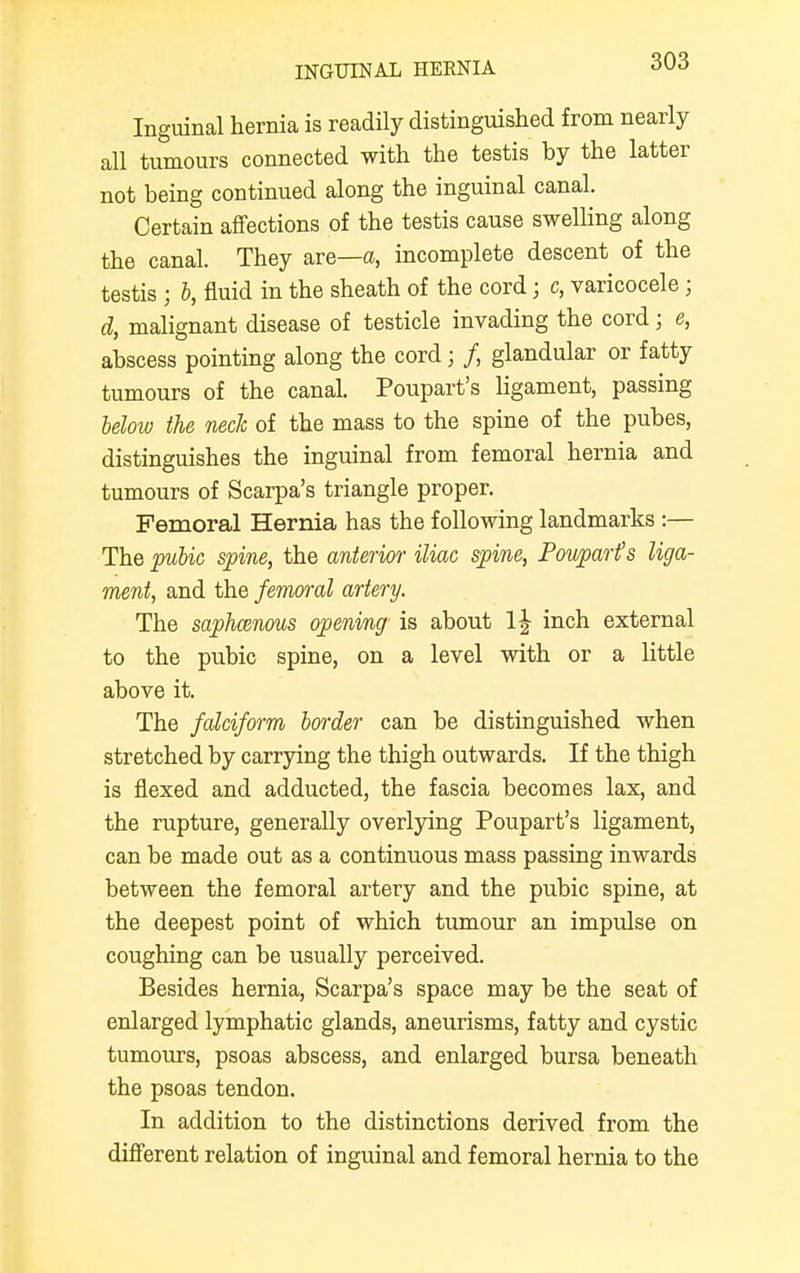 INGUINAL HERNIA Inguinal hernia is readily distinguished from nearly all tumours connected with the testis by the latter not being continued along the inguinal canal. Certain affections of the testis cause swelling along the canal. They are—a, incomplete descent of the testis \ b, fluid in the sheath of the cord; c, varicocele; d, malignant disease of testicle invading the cord; e, abscess pointing along the cord; f, glandular or fatty tumours of the canal. Poupart's ligament, passing beloiv the neck of the mass to the spine of the pubes, distinguishes the inguinal from femoral hernia and tumours of Scarpa's triangle proper. Femoral Hernia has the following landmarks :— The pubic spine, the anterior iliac spine, Pouparfs liga- ment, and the femoral artery. The saphcenous opening is about l£ inch external to the pubic spine, on a level with or a little above it. The falciform border can be distinguished when stretched by carrying the thigh outwards. If the thigh is flexed and adducted, the fascia becomes lax, and the rupture, generally overlying Poupart's ligament, can be made out as a continuous mass passing inwards between the femoral artery and the pubic spine, at the deepest point of which tumour an impulse on coughing can be usually perceived. Besides hernia, Scarpa's space may be the seat of enlarged lymphatic glands, aneurisms, fatty and cystic tumours, psoas abscess, and enlarged bursa beneath the psoas tendon. In addition to the distinctions derived from the different relation of inguinal and femoral hernia to the