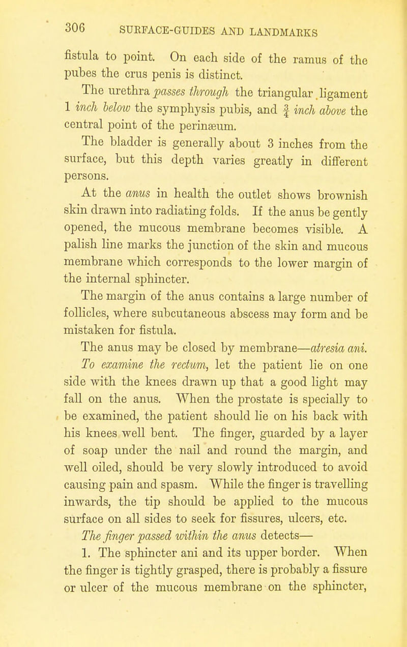 fistula to point. On each side of the ramus of the pubes the crus penis is distinct. The urethra passes through the triangular ligament 1 inch below the symphysis pubis, and f inch above the central point of the perinaeum. The bladder is generally about 3 inches from the surface, but this depth varies greatly in different persons. At the anus in health the outlet shows brownish skin drawn into radiating folds. If the anus be gently opened, the mucous membrane becomes visible. A palish line marks the junction of the skin and mucous membrane which corresponds to the lower margin of the internal sphincter. The margin of the anus contains a large number of follicles, where subcutaneous abscess may form and be mistaken for fistula. The anus may be closed by membrane—atresia ani. To examine the rectum, let the patient lie on one side with the knees drawn up that a good light may fall on the anus. When the prostate is specially to be examined, the patient should lie on his back with his knees well bent. The finger, guarded by a layer of soap under the nail and round the margin, and well oiled, should be very slowly introduced to avoid causing pain and spasm. While the finger is travelling inwards, the tip should be applied to the mucous surface on all sides to seek for fissures, ulcers, etc. The finger passed within the amis detects— 1. The sphincter ani and its upper border. When the finger is tightly grasped, there is probably a fissure or ulcer of the mucous membrane on the sphincter,