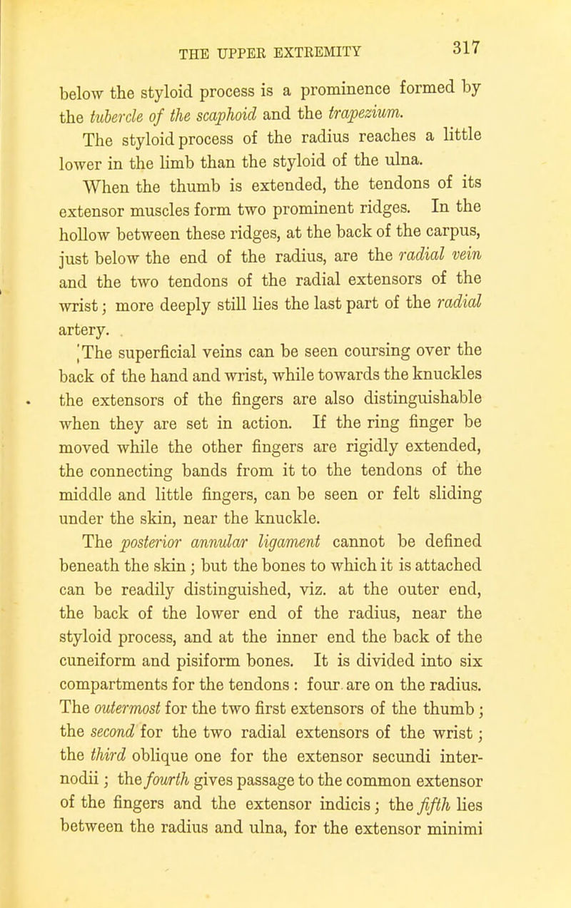 below the styloid process is a prominence formed by the tubercle of the scaphoid and the trapezium. The styloid process of the radius reaches a little lower in the limb than the styloid of the ulna. When the thumb is extended, the tendons of its extensor muscles form two prominent ridges. In the hollow between these ridges, at the back of the carpus, just below the end of the radius, are the radial vein and the two tendons of the radial extensors of the wrist; more deeply still lies the last part of the radial artery. | The superficial veins can be seen coursing over the back of the hand and wrist, while towards the knuckles the extensors of the fingers are also distinguishable when they are set in action. If the ring finger be moved while the other fingers are rigidly extended, the connecting bands from it to the tendons of the middle and little fingers, can be seen or felt sliding under the skin, near the knuckle. The posterior annular ligament cannot be defined beneath the skin; but the bones to which it is attached can be readily distinguished, viz. at the outer end, the back of the lower end of the radius, near the styloid process, and at the inner end the back of the cuneiform and pisiform bones. It is divided into six compartments for the tendons : four, are on the radius. The outermost for the two first extensors of the thumb; the second for the two radial extensors of the wrist; the third oblique one for the extensor secundi inter- nodii; the fourth gives passage to the common extensor of the fingers and the extensor indicis; the fifth lies between the radius and ulna, for the extensor minimi