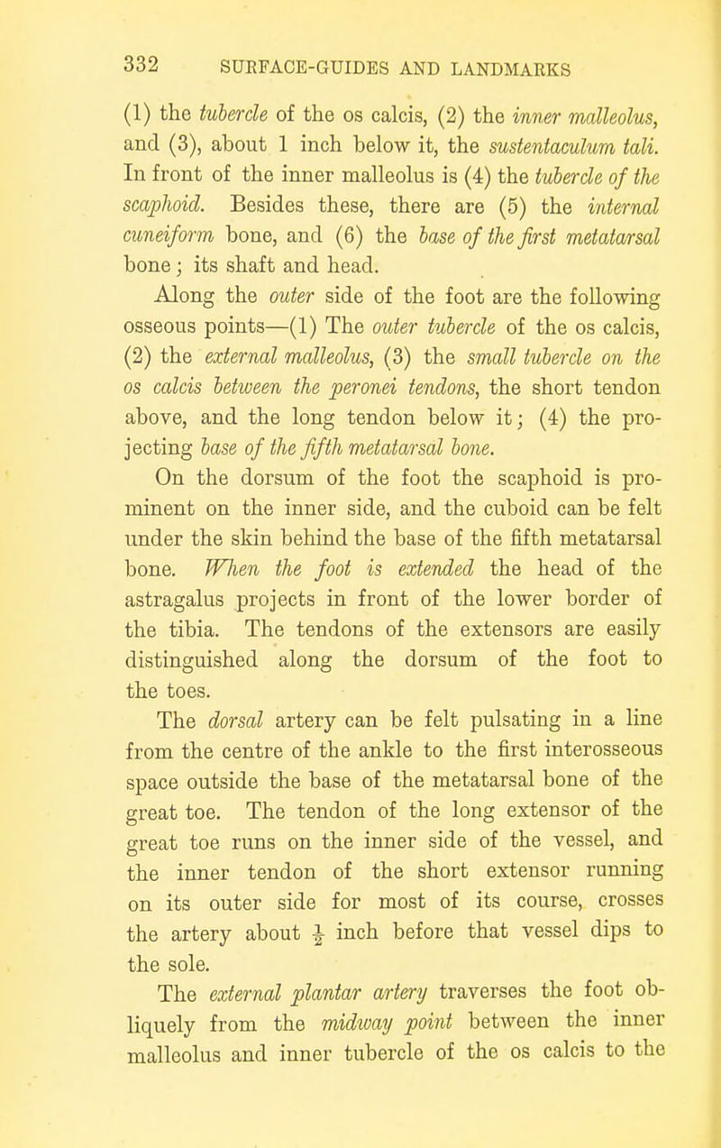 (1) the tubercle of the os calcis, (2) the inner malleolus, and (3), about 1 inch below it, the sustentaculum tali. In front of the inner malleolus is (4) the tubercle of the scaphoid. Besides these, there are (5) the internal cuneiform bone, and (6) the base of the first metatarsal bone j its shaft and head. Along the outer side of the foot are the following osseous points—(1) The outer tubercle of the os calcis, (2) the external malleolus, (3) the small tubercle on the os calcis between the peronei tendons, the short tendon above, and the long tendon below it; (4) the pro- jecting base of the fifth metatarsal bone. On the dorsum of the foot the scaphoid is pro- minent on the inner side, and the cuboid can be felt under the skin behind the base of the fifth metatarsal bone. Wlien the foot is extended the head of the astragalus projects in front of the lower border of the tibia. The tendons of the extensors are easily distinguished along the dorsum of the foot to the toes. The dorsal artery can be felt pulsating in a line from the centre of the ankle to the first interosseous space outside the base of the metatarsal bone of the great toe. The tendon of the long extensor of the great toe runs on the inner side of the vessel, and the inner tendon of the short extensor running on its outer side for most of its course, crosses the artery about J inch before that vessel dips to the sole. The external plantar artery traverses the foot ob- liquely from the midway point between the inner malleolus and inner tubercle of the os calcis to the