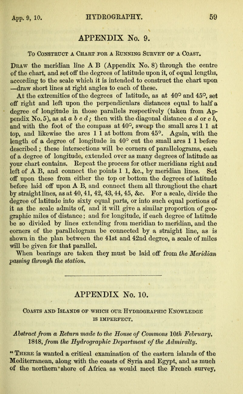 App. 9, 10. APPENDIX No. 9. To Construct a Chart for a Running Survey of a Coast. Draw the meridian line A B (Appendix No. 8) through the centre of the chart, and set off the degrees of latitude upon it, of equal lengths, according to the scale which it is intended to construct the chart upon —draw short lines at right angles to each of these. At the extremities of the degrees of latitude, as at 40° and 45°, set off right and left upon the perpendiculars distances equal to half a degree of longitude in those parallels respectively (taken from Ap- pendix No. 5), as at a b c d; then with the diagonal distance a d or c b, and with the foot of the compass at 40°, sweep the small arcs 1 1 at top, and likewise the arcs 1 1 at bottom from 45°. Again, with the length of a degree of longitude in 40° cut the small arcs 1 1 before described ; these intersections will be corners of parallelograms, each of a degree of longitude, extended over as many degrees of latitude as your chart contains. Repeat the process for other meridians right and left of A B, and connect the points 1 1, &c, by meridian lines. Set off upon these from either the top or bottom the degrees of latitude before laid off upon A B, and connect them all throughout the chart by straight lines, as at 40, 41, 42, 43,44,45, &c. For a scale, divide the degree of latitude into sixty equal parts, or into such equal portions of it as the scale admits of, and it will give a similar proportion of geo- graphic miles of distance; and for longitude, if each degree of latitude be so divided by lines extending from meridian to meridian, and the corners of the parallelogram be connected by a straight line, as is shown in the plan between the 41st and 42nd degree, a scale of miles will be given for that parallel. When bearings are taken they must be laid off from the Meridian passing through the station. APPENDIX No. 10. Coasts and Islands of which our Hydrographic Knowledge is imperfect. Abstract from a Return made to the House of Commons 10th February, 1848, from the Hydrographic Department of the Admiralty.  There is wanted a critical examination of the eastern islands of the Mediterranean, along with the coasts of Syria and Egypt, and as much of the northern ■ shore of Africa as would meet the French survey,