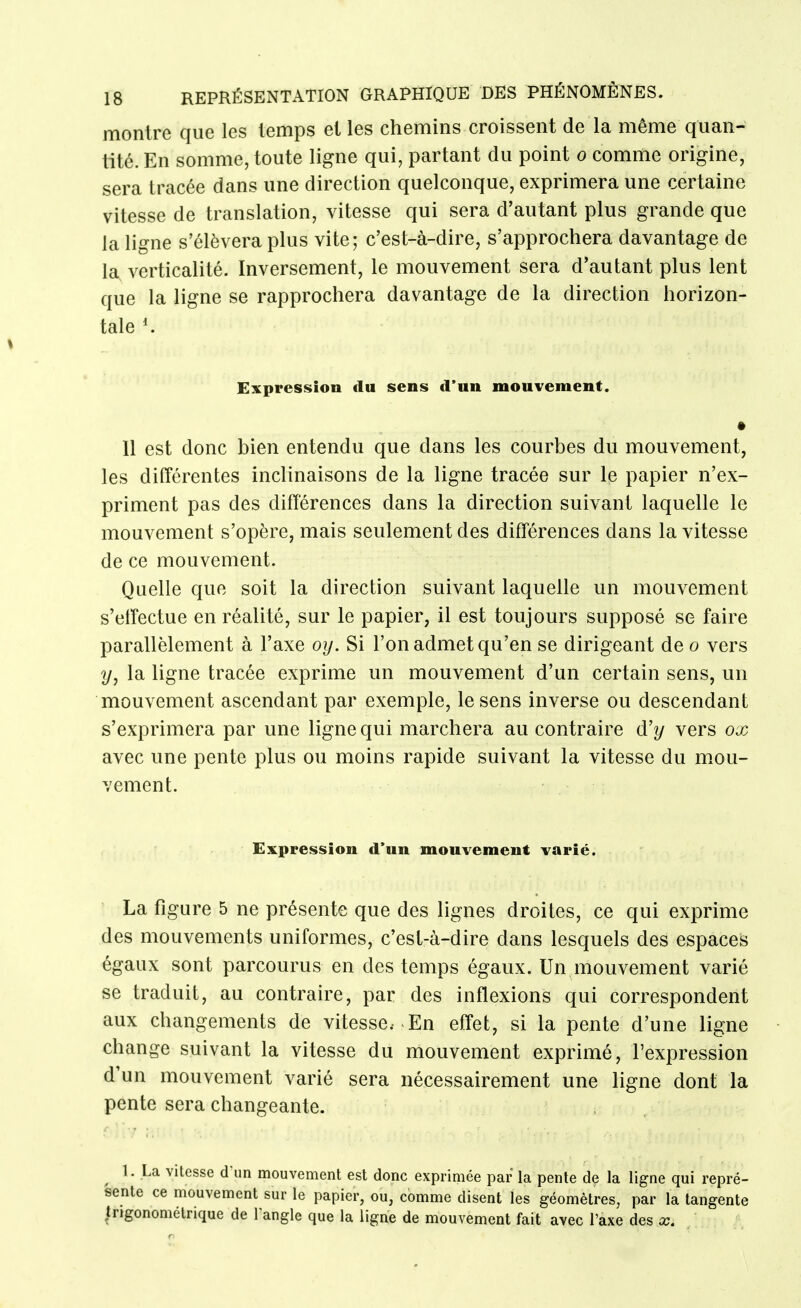 montre que les temps et les chemins croissent de la même quan- tité. En somme, toute ligne qui, partant du point o comme origine, sera tracée dans une direction quelconque, exprimera une certaine vitesse de translation, vitesse qui sera d'autant plus grande que la ligne s'élèvera plus vite; c'est-à-dire, s'approchera davantage de la verticalité. Inversement, le mouvement sera d'autant plus lent que la ligne se rapprochera davantage de la direction horizon- tale Expression du sens d'un mouvement. Il est donc bien entendu que dans les courbes du mouvement, les différentes inclinaisons de la ligne tracée sur le papier n'ex- priment pas des différences dans la direction suivant laquelle le mouvement s'opère, mais seulement des différences dans la vitesse de ce mouvement. Quelle que soit la direction suivant laquelle un mouvement s'effectue en réalité, sur le papier, il est toujours supposé se faire parallèlement à l'axe oij. Si l'on admet qu'en se dirigeant de o vers y, la ligne tracée exprime un mouvement d'un certain sens, un mouvement ascendant par exemple, le sens inverse ou descendant s'exprimera par une ligne qui marchera au contraire d'y vers ox avec une pente plus ou moins rapide suivant la vitesse du m.ou- vement. Expression d'un mouvement varié. La figure 5 ne présente que des lignes droites, ce qui exprime des mouvements uniformes, c'est-à-dire dans lesquels des espaces égaux sont parcourus en des temps égaux. Un mouvement varié se traduit, au contraire, par des inflexions qui correspondent aux changements de vitesse.- En effet, si la pente d'une ligne change suivant la vitesse du mouvement exprimé, l'expression d'un mouvement varié sera nécessairement une ligne dont la pente sera changeante. 1. La vitesse d'un mouvement est donc exprimée par la pente de la ligne qui repré- sente ce mouvement sur le papier, ou, comme disent les géomètres, par la tangente trigonométrique de langle que la ligne de mouvement fait avec l'axe des x.