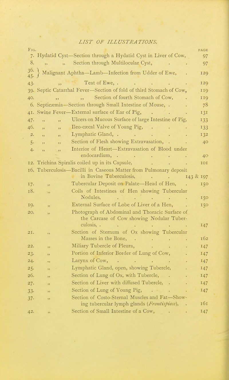 LIST OF ILLUSTRATIONS. Fig. i'age 7. Hydatid Cyst—Section through a tlydatid Cyst in I^iver of Cow, 97 8. ,. „ Section through Multilocular Cyst, . . 97 '•6 1. J Malignant Aphtha—Lamb—Infection from Udder of Ewe, . 129 43. ,, Teat of Ewe, ..... 129 39. Septic Catarrhal Fever—Section of fold of third Stomach of Cow, 119 40. ,, ,, Section of fourth Stomach of Cow, . 119 6. Septicemia—Section through Small Intestine of Mouse, . . 78 41. Swine Fever—External surface of Ear of Pig, . . . 131 47. ., ,, Ulcers on Mucous Surface of large Intestine of Pig, 133 46. „ „ Ileo-cjecal Valve of Young Pig, . . . 133 2. „ „ Lymphatic Gland, . . . . .132 5. „ ,, Section of Flesh showing Extravasation, . . 40 4. „ „ Interior of Heart—Extravasation of Blood under endocardium, ..... 40 12. Trichina Spiralis coiled up in its Capsule, . . . loi 16. Tuberculosis—Bacilli in Caseous Matter from Pulmonary deposit in Bovine Tuberculosis, . . 143 & 197 17. ,, Tubercular Deposit on Palate—Head of Hen, . 150 18. ,, Coils of Intestines of Hen showing Tubercular Nodules, . . . . . 150 19. „ External Surface of Lobe of Liver of a Hen, . 150 20. „ Photograph of Abdominal and Thoracic Surface of the Carcase of Cow showing Nodular Tuber- culosis, . . . . . .147 21. ,, Section of Sternum of Ox showing Tubercular Masses in the Bone, . . . .162 22. ,, Miliary Tubercle of Pleura, . . . 147 23. „ Portion of Inferior Border of Lung of Cow, . 147 24. ,, Larynx of Cow, ..... 147 25. „ Lymphatic Gland, open, showing Tubercle, . 147 26. „ Section of Lung of Ox, with Tubercle, . . 147 27. „ Section of Liver with diffused Tubercle, . . 147 33. „ Section of Lung of Young Pig, . . . 147 37. „ Section of Costo-Sternal Muscles and Fat—Show- ing tubercular lymph glands [Frontispiece), . 161 42. „ Section of Small Intestine of a Cow, . . 147
