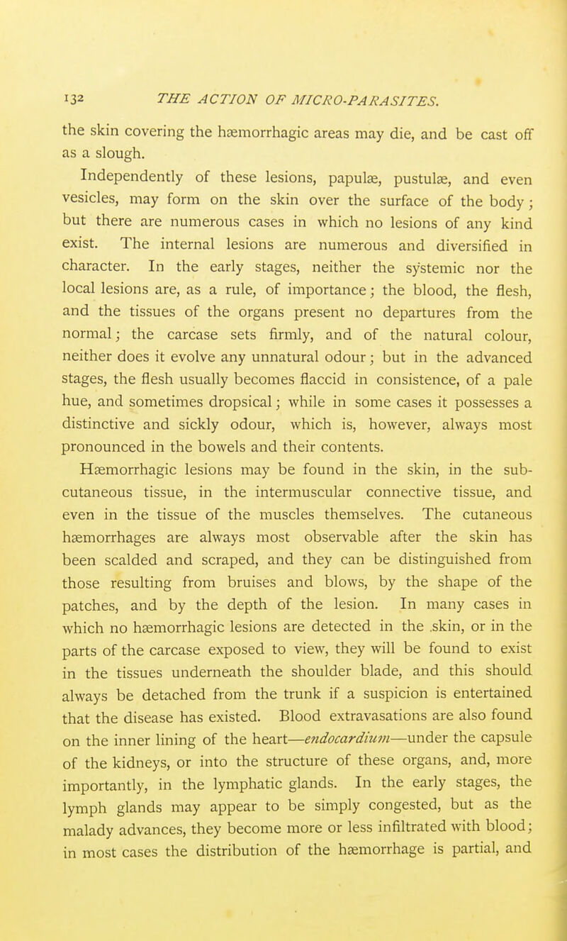 the skin covering the haemorrhagic areas may die, and be cast off as a slough. Independently of these lesions, papula, pustulas, and even vesicles, may form on the skin over the surface of the body; but there are numerous cases in which no lesions of any kind exist. The internal lesions are numerous and diversified in character. In the early stages, neither the systemic nor the local lesions are, as a rule, of importance; the blood, the flesh, and the tissues of the organs present no departures from the normal; the carcase sets firmly, and of the natural colour, neither does it evolve any unnatural odour; but in the advanced stages, the flesh usually becomes flaccid in consistence, of a pale hue, and sometimes dropsical; while in some cases it possesses a distinctive and sickly odour, which is, however, always most pronounced in the bowels and their contents. Hsemorrhagic lesions may be found in the skin, in the sub- cutaneous tissue, in the intermuscular connective tissue, and even in the tissue of the muscles themselves. The cutaneous haemorrhages are always most observable after the skin has been scalded and scraped, and they can be distinguished from those resulting from bruises and blows, by the shape of the patches, and by the depth of the lesion. In many cases in which no haemorrhagic lesions are detected in the .skin, or in the parts of the carcase exposed to view, they will be found to exist in the tissues underneath the shoulder blade, and this should always be detached from the trunk if a suspicion is entertained that the disease has existed. Blood extravasations are also found on the inner lining of the heart—e7idocardium—under the capsule of the kidneys, or into the structure of these organs, and, more importantly, in the lymphatic glands. In the early stages, the lymph glands may appear to be simply congested, but as the malady advances, they become more or less infiltrated with blood; in most cases the distribution of the haemorrhage is partial, and