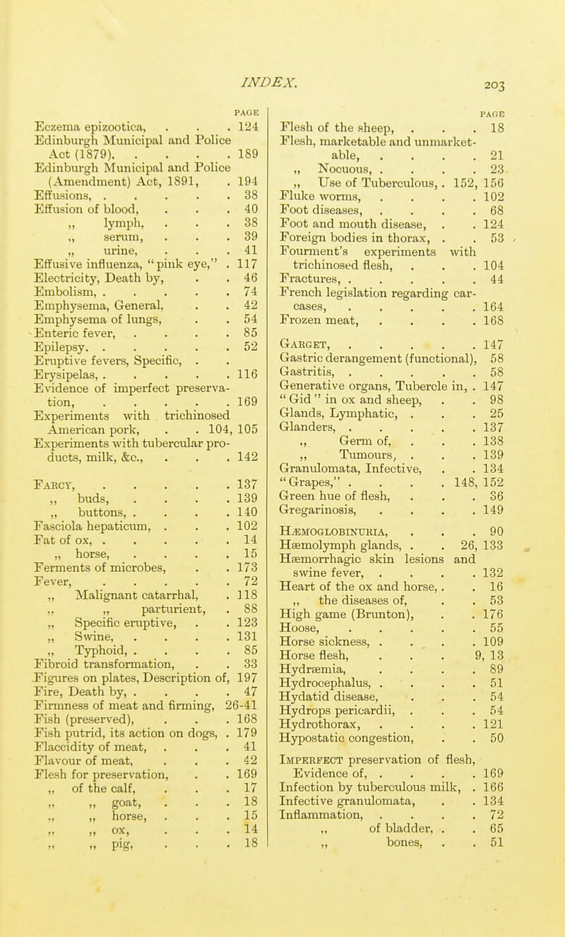 PAOE Eczema epizootica, . . . 124 Edinburgh Municipal and Police Act (1879) 189 Edinburgh Municipal and Police (Amendment) Act, 1891, . 194 Effusions 38 Effusion of blood, . . .40 „ lymph, . . .38 „ serum, . . .39 „ urine, . . .41 Effusive influenza,  pink eye, . 117 Electricity, Death by, . . 46 Embolism, 74 Emphysema, General, . . 42 Emphysema of lungs, . . 54 Enteric fever, . . . .85 Epilepsy. . . . . .52 Eruptive fevers. Specific, . Erysipelas, 116 Evidence of imperfect preserva- tion, ..... 169 Experiments ■with trichinosed American pork, . . 104, 105 Experiments wth tubercular pro ducts, milk, &c.. 142 Farcy 137 „ buds, . . . .139 ,, buttons, . . . .140 Fasciola hepaticum, . . . 102 Fat of ox, 14 „ horse, . . . .15 Ferments of microbes, . .173 Fever, 72 „ Malignant catarrhal, . 118 „ „ parturient, . 88 „ Specific eruptive, . . 123 „ Swine, .... 131 „ Typhoid, . . . .85 Fibroid transformation, . . 33 Figures on plates, Description of, 197 Fire, Death by, . . . ,47 Firmness of meat and firming, 26-41 Fish (preserved), . . . 168 Fish putrid, its action on dogs, . 179 Flaccidity of meat, . . .41 Flavour of meat, . . .42 Flesh for preservation, . . 169 of the calf, . . .17 „ goat, . . .18 „ horse, . . .15 „ ox, ... 14 „ pig, . . .18 Flesh of the sheep. Flesh, marketable and unmarket- able, „ Nocuous, . „ Use of Tuberculous, Fluke worms, Foot diseases. Foot and mouth disease. Foreign bodies in thorax, Founnent's experiments trichinosed flesh. Fractures, . French legislation regarding car- cases. Frozen meat, Garget, 147 Gastric derangement (functional), 58 Gastritis, 58 Generative organs, Tubercle in, . 147  Gid  in ox and sheep, . . 98 Glands, Ljanphatic, . . .25 Glanders, . . . . .137 Germ of, . . . 138 ,, Tumours, . . .139 Granulomata, Infective, . .134 Grapes, .... 148, 152 Green hue of flesh, . . .36 Gregarinosis, . . . .149 H^EJIOGLOBINUKIA, Heemolymph glands, Haemorrhagic skin lesions swine fever. Heart of the ox and horse, „ the diseases of. High game (Brunton), Hoose, Horse sickness, Horse flesh, Hydraemia, Hydrocephalus, Hydatid disease. Hydrops pericardii, Hydrothorax, Hjrpostatic congestion. Imperfect preservation of Evidence of, . Infection by tuberculous Infective granulomata. Inflammation, ,, of bladder, ,, bones. PAOR 18 . 21 23 152, 156 . 102 . 68 . 124 . 53 with 104 44 164 168 . 90 26, 133 and 132 16 53 176 55 109 I, 13 89 51 54 54 121 50 flesh milk, 169 166 134 72 65 51