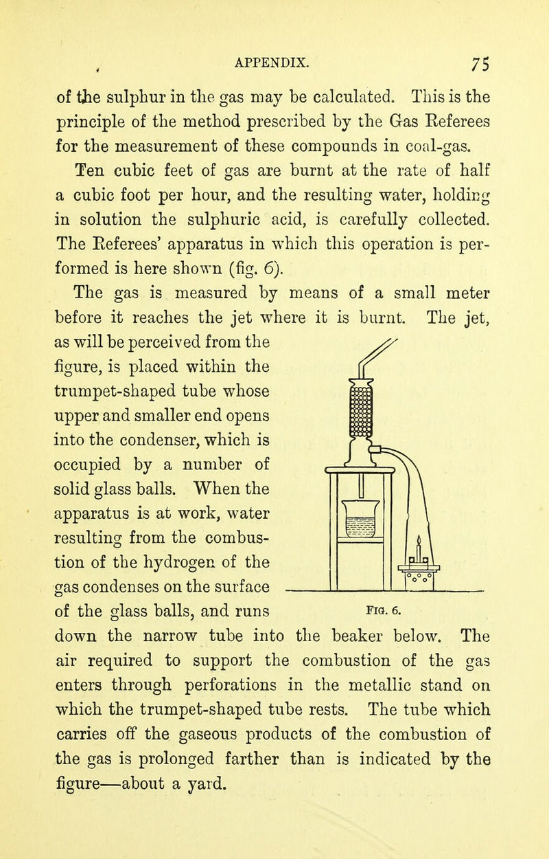 of ihe sulphur in the gas may be calculated. This is the principle of the method prescribed by the Gas Eeferees for the measurement of these compounds in coal-gas. Ten cubic feet of gas are burnt at the rate of half a cubic foot per hour, and the resulting water, holding in solution the sulphuric acid, is carefully collected. The Eeferees' apparatus in which this operation is per- formed is here shown (fig. 6). The gas is measured by means of a small meter before it reaches the jet where it is burnt. The jet, as will be perceived from the figure, is placed within the trumpet-shaped tube whose upper and smaller end opens into the condenser, which is occupied by a number of solid glass balls. When the apparatus is at work, water resulting from the combus- tion of the hydrogen of the gas condenses on the surface of the glass balls, and runs fiq- 6. down the narrow tube into the beaker below. The air required to support the combustion of the gas enters through perforations in the metallic stand on which the trumpet-shaped tube rests. The tube which carries off the gaseous products of the combustion of the gas is prolonged farther than is indicated by the figure—about a yard.