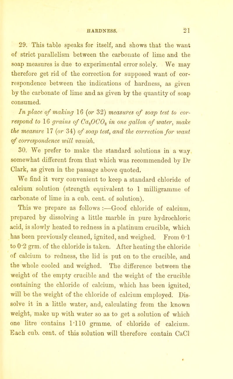 29. TMs table speaks for itself, and shows that the want of strict parallelism between the carbonate of lime and the soap measures is due to experimental error solely. We may therefore get rid of the correction for supposed want of cor- respondence between the indications of hardness, as given by the carbonate of lime and as given by the quantity of soap consumed. In place of making 16 [or 32) measures of soap test to cor- respond to IQ grains of Ca^OCO^ in one gallon of water, make the measure 17 (or 34) of soap test, and the correction for loant of correspondence will vaiiish. 30. We prefer to make the standard solutions in a way somewhat different from that which was recommended by Dr Clark, as given in the passage above quoted. We find it very convenient to keep a standard chloride of calcium solution (strength equivalent to 1 milligramme of carbonate of lime in a cub. cent, of solution). This we prepare as follows :—Good chloride of calcium, prepared by dissolving a little marble in pure hydrochloric acid, is slowly heated to redness in a platinum crucible, which has been previously cleaned, ignited, and weighed. From 0-1 to 0'2 grm. of the chloride is taken. After heating the chloride of calcium to redness, the lid is put on to the crucible, and the whole cooled and weighed. The difference between the weight of the empty crucible and the weight of the crucible containing the chloride of calcium, which has been ignited, will be the weight of the chloride of calcium employed. Dis- solve it in a little water, and, calculating from the known weight, make up with water so as to get a solution of which one litre contains 1-110 grm me. of chloride of calcium. Each cub. cent, of this solution will therefore contain CaCl