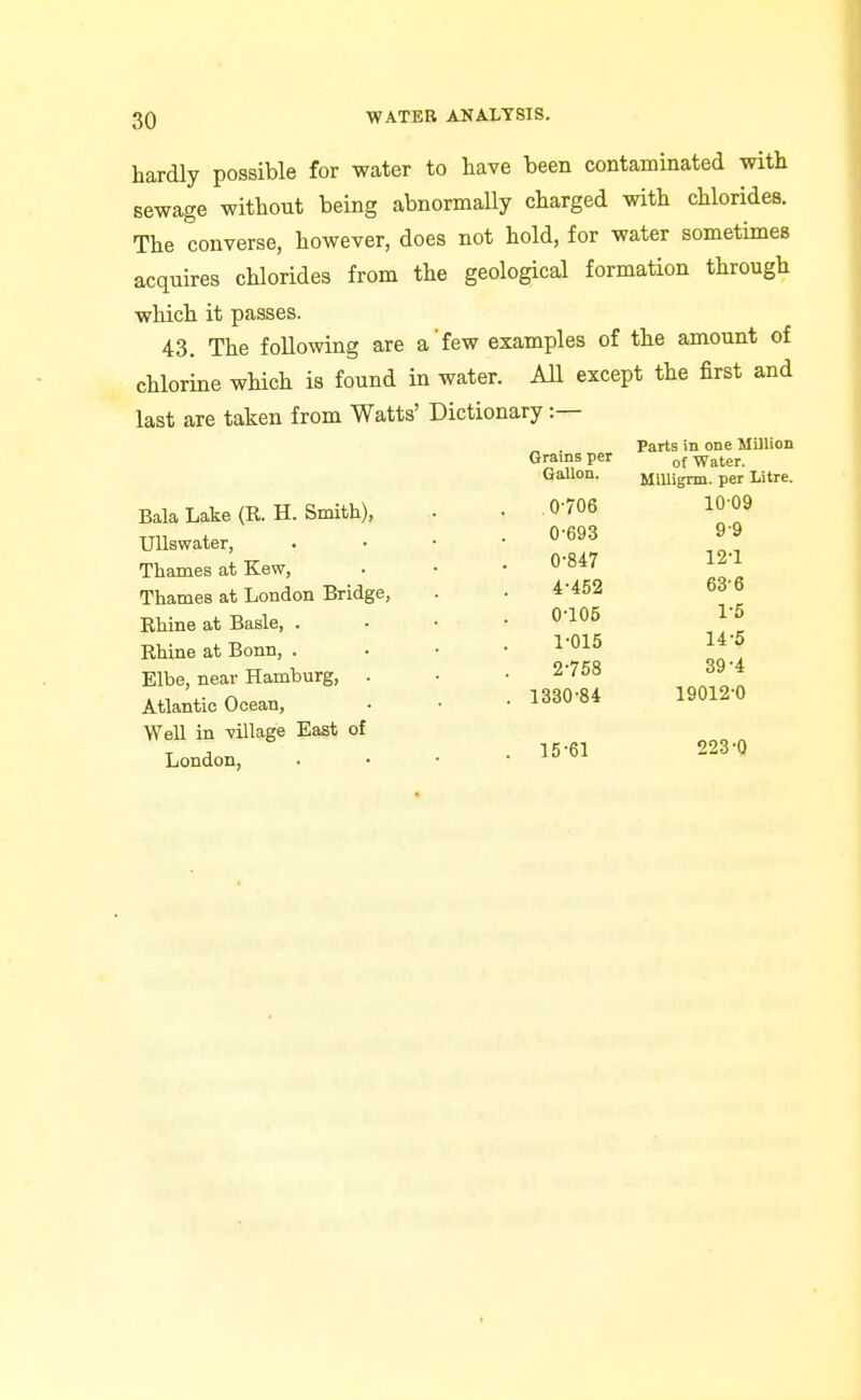 hardly possible for water to have been contaminated with sewage without being abnormally charged with chlorides. The converse, however, does not hold, for water sometimes acquires chlorides from the geological formation through which it passes. 43. The following are a few examples of the amount of chlorine which is found in water. All except the first and last are taken from Watts' Dictionary :— Bala Lake (R. H. Smith), Ullswater, ThaineB at Kew, Thames at London Bridge, Rhine at Basle, . Rhine at Bonn, . Elbe, near Hamburg, . Atlantic Ocean, Well in village East of London, Grains per Parts in one MUlion of Water. Gallon. Milligrm. per Litre. 0-706 10-09 0-693 9-9 0-847 12-1 4-452 63-6 0-105 1-5 1-015 14-5 2-758 39-4 1330-84 19012-0 15-61 223-0