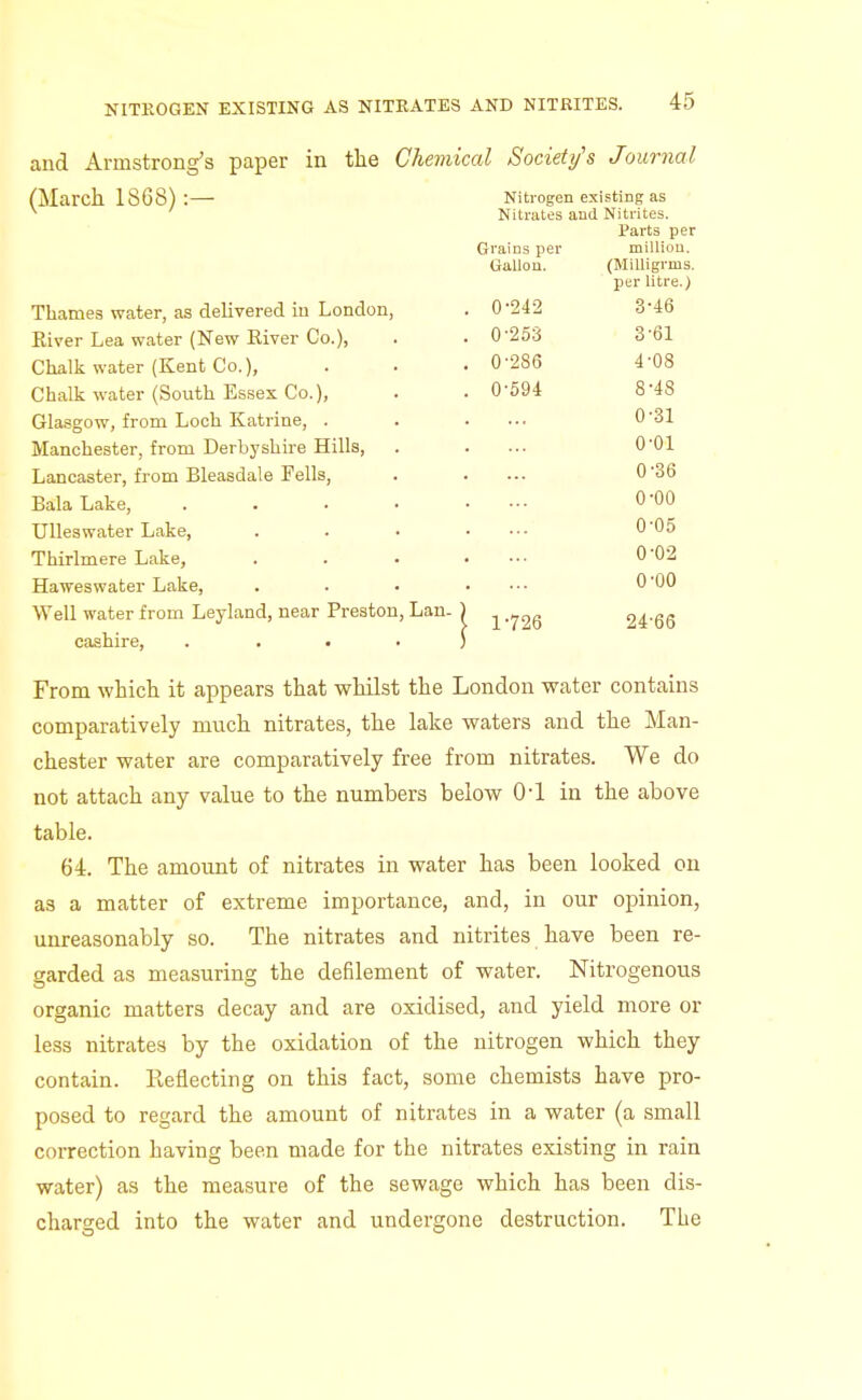 and Armstrong's paper in tlie Chemical Society's Journal (Marcil ioooj:— Nitrogen existing as Nitrates and Nitrites. I'arts per Grains per million. Gallon. (MiUigrms. per litre.) Thames water, as delivered iu London, . 0'242 3-46 Kiver Lea water (New Eiver Co.), . 0-253 3-61 Chalk water (Kent Co.), . 0-286 4-08 Chalk water (South Essex Co.), . 0-594 8-48 Gla.sgow, from Loch Katrine, . 0-31 TVrnTiplipsjtpr frnm T)prhvsliire Sills. . 0-01 Lancaster, from Bleasdale Fells, 0-36 Bala Lake, .... 0-00 Ulleswater Lake, 0-05 Thirlmere Lake, 0-02 Haweswater Lake, 0-00 Well water from Leyland, near Preston, Lan. \ 1-726 24-66 cashire, From which it appears that whilst the London water contains comparatively much nitrates, the lake waters and the Man- chester water are comparatively free from nitrates. We do not attach any value to the numbers below 0-1 in the above table. 64. The amount of nitrates in water has been looked on as a matter of extreme importance, and, in our opinion, unreasonably so. The nitrates and nitrites have been re- crarded as measuring the defilement of water. Nitrogenous organic matters decay and are oxidised, and yield more or less nitrates by the oxidation of the nitrogen which they contain. Reflecting on this fact, some chemists have pro- posed to regard the amount of nitrates in a water (a small correction having been made for the nitrates existing in rain water) as the measure of the sewage which has been dis- charged into the water and undergone destruction. The