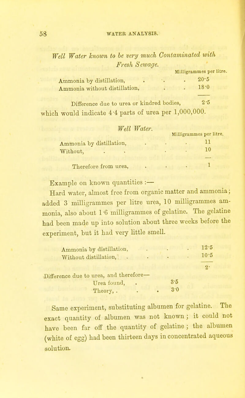 Well Water known to he very much Contaminated with Fresh Sewage. Milligrammes per litre. Ammonia by distillation, . . • 20'5 Ammonia without distillation, . . 18 '0 Difference due to urea or kindred bodies, 2 5 which would indicate 44 parts of urea per 1,000,000. Well Water Ammonia by distillation, Without, Therefore from urea. Example on known quantities :— Hard water, almost free from organic matter and ammonia; added 3 milligrammes per litre urea, 10 milligrammes am- monia, also about 1-6 milligrammes of gelatine. The gelatine had been made up into solution about three weeks before the experiment, but it had very little smell. Ammonia by distillation, Without distillation,; •Difference due to urea, and therefore— Urea found, Theory, . Same experiment, substituting albumen for gelatine. The exact quantity of albumen was not known; it could not have been far off the quantity of gelatine ; the albumen (white of egg) had been thirteen days in concentrated aqueous solution. Milligrammes per litre. 11 10 12-5 10-5 2- 3-5 30