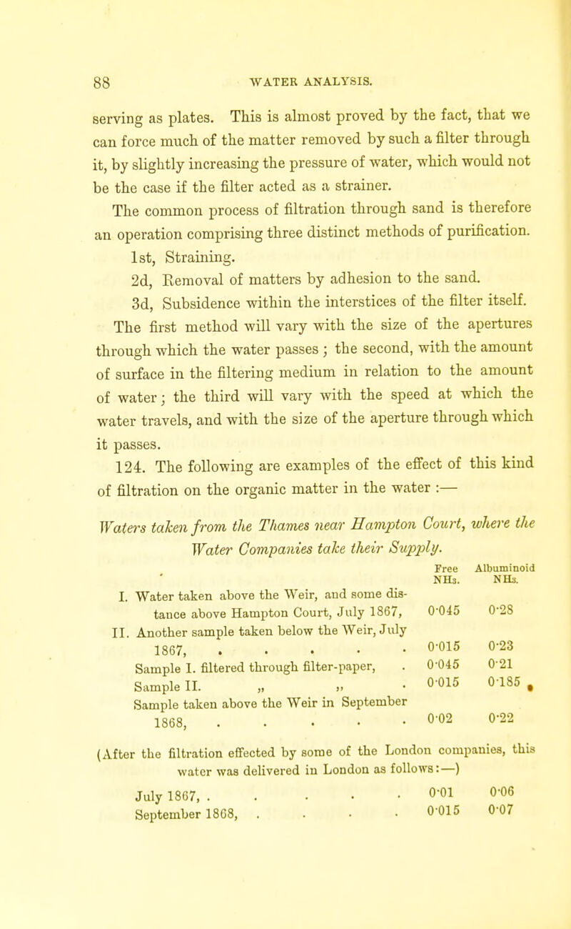 serving as plates. This is almost proved by the fact, that we can force much of the matter removed by such a filter through it, by slightly increasing the pressure of water, which would not be the case if the filter acted as a strainer. The common process of filtration through sand is therefore an operation comprising three distinct methods of purification. 1st, Straining. 2d, Kemoval of matters by adhesion to the sand. 3d, Subsidence within the interstices of the filter itself. The first method will vary with the size of the apertures through which the water passes ; the second, with the amount of surface in the filtering medium in relation to the amount of water; the third will vary with the speed at which the water travels, and with the size of the aperture through which it passes. 124. The following are examples of the efi'ect of this kind of filtration on the organic matter in the water :— Waters taken from the Thames near Hamilton Court, where the Water Companies take their Supply/. I. Water taken above the Weir, and some dis- tance above Hampton Court, July 1867, II. Another sample taken below the Weir, July 1867, Sample I. filtered through filter-paper. Sample II. „ ,. Sample taken above the Weir in September 1868, . . . . • (After the filtration effected by some of the London companies, this water was delivered in London as follows:—) July 1867, 0-01 0-06 September 1868, .... O'OIS 0-07 Free Albuminoid NHs. NHs. 0-045 0-28 0-015 0-23 0-045 0-21 0015 0-185 , 002 0-22
