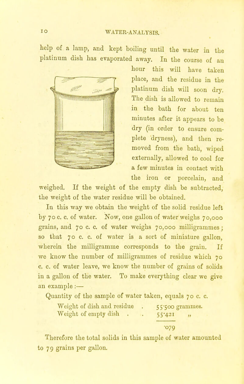 help of a lamp, and kept boiling until the water in the platinum dish has evaporated away. In the course of an hour this will have taken place, and the residue in the platinum dish will soon dry. The dish is allowed to remain in the bath for about ten minutes after it appears to be dry (in order to ensure com- plete dryness), and then re- moved from the bath, wiped externally, allowed to cool for a few minutes in contact with the iron or porcelain, and weighed. If the weight of the empty dish be subtracted, the weight of the water residue will be obtained. In this way we obtain the weight of the solid residue left by 70 c. c. of water. Now, one gallon of water weighs 70,000 grains, and 70 c. c. of water weighs 70,000 milligrammes; so that 70 c. c. of water is a sort of miniature gallon, wherein the milligramme corresponds to the grain. If we know the number of milligrammes of residue which 70 c. c. of water leave, we know the number of grains of solids in a gallon of the water. To make everything clear we give an example :— Quantity of the sample of water taken, equals 70 c. c. Weight of dish and residue . 55-500 grammes. Weight of empty dish . . 55*421 „ •079 Therefore the total solids in this sample of water amounted to 79 grains per gallon.