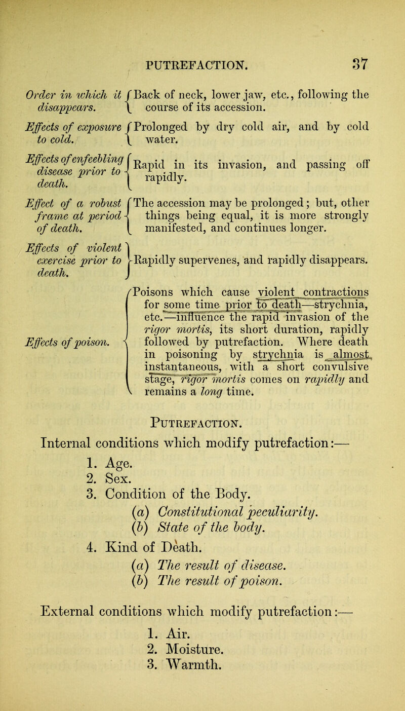 Order in which it / Back of neck, lower jaw, etc., following the disappears. \ course of its accession. Effects of exposure /Prolonged by dry cold air, and by cold to cold. \ water. Effects of enfeebling disease prior to ■ death. Rapid in its rapidly. invasion, and passing off Effect of a robust f The accession maybe prolonged; but, other frams at period \ things being equal, it is more strongly of death, y manifested, and continues longer. Effects of violent \ exercise prior to VRapidly supervenes, and rapidly disappears. death. J /Poisons which cause violent contractions for some time prior to death—strychnia, etc.—influence the rapid invasion of the rigor mortis, its short duration, rapidly Effects of poison, i followed by putrefaction. Where death in poisoning by strychnia is^^lmosjt^ instantaneous, with a short convulsive sts^ge^ mgof mortis comes on rapidly and V remains a long time. Putrefaction. Internal conditions Avhich. modify putrefaction :- 1. Age. 2. Sex. 3. Condition of the Body. (a) Constitutional peculiaritij. (h) State of the hody. 4. Kind of Death. (a) The result of disease, (h) The result of poison. External conditions which modify putrefaction :- 1. Air. 2. Moisture. 3. Warmth.