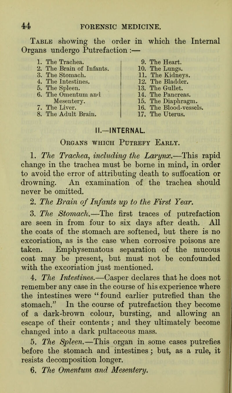 Table showing the order in which the Internal Organs undergo Putrefaction :— The Trachea. The Brain of Infants. The Stomach. The Intestines. The Spleen. The Omentum an'l Mesentery. The Liver. The Adult Brain. 9. The 10. The 11. The 12. The 13. The 14. The 15. The 16. The 17. The Heart. Lungs. Kidneys. Bladder. Gullet. Pancreas. Diaphragm. Blood-vessels. Uterus. II.-INTERNAL Organs which Putrefy Early. 1. The Trachea, including the Larynx.—This rapid change in the trachea must be borne in mind, in order to avoid the error of attributing death to suffocation or drowning. An examination of the trachea should never be omitted. 2. The Brain of Infants up to the First Year. 3. The Stomach.—The first traces of putrefaction are seen in from four to six days after death. All the coats of the stomach are softened, but there is no excoriation, as is the case when corrosive poisons are taken. Emphysematous separation of the mucous coat may be present, but must not be confounded with the excoriation just mentioned. 4. The Intestines.—Casper declares that he does not remember any case in the course of his experience where the intestines were  found earlier putrefied than the stomach. In the course of putrefaction they become of a dark-brown colour, bursting, and allowing an escape of their contents; and they ultimately become changed into a dark pultaceous mass. 5. The Spleen.—This organ in some cases putrefies before the stomach and intestines; but, as a rule, it resists decomposition longer. 6. The Omentum and Mesentery.