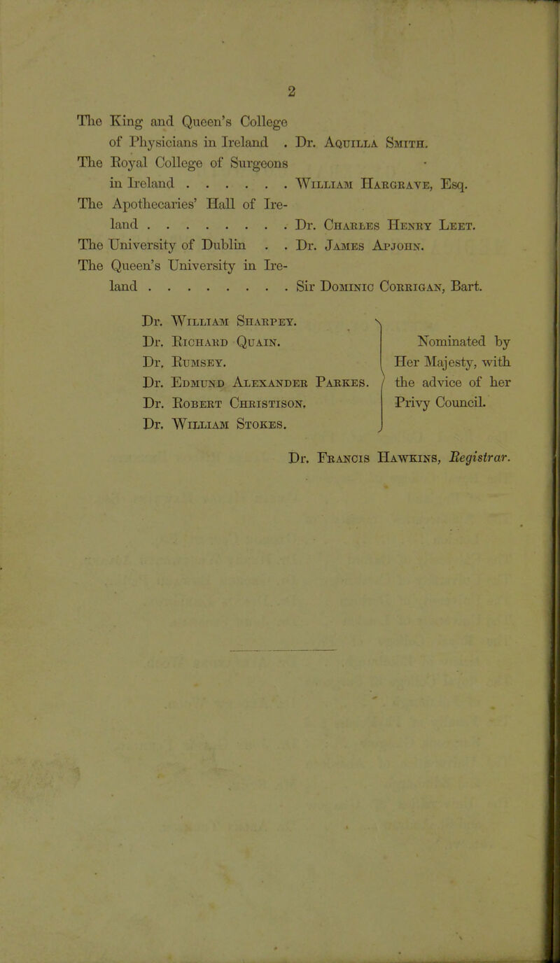 The King and Queen's College of Physicians in Ireland . Dr. Aquilla Smith. The Eoyal College of Surgeons in Ireland ...... William Hargrave, Esq. The Apothecaries' Hall of Ire- land Dr. Charles Henry Leet. The University of Dublin . . Dr. James Apjohn. The Queen's University in Ire- land Sir Dominic Corrigan, Bart. Dr. William Sharpey. Dr. Richard Quain. Dr. Eumsey. Dr. Edmund Alexander Parkes. Dr. Eobert Christison, Dr. William Stokes. Nominated by Her Majesty, with the advice of her Privy Council. Dr. Francis Hawkins, Eegistrar.