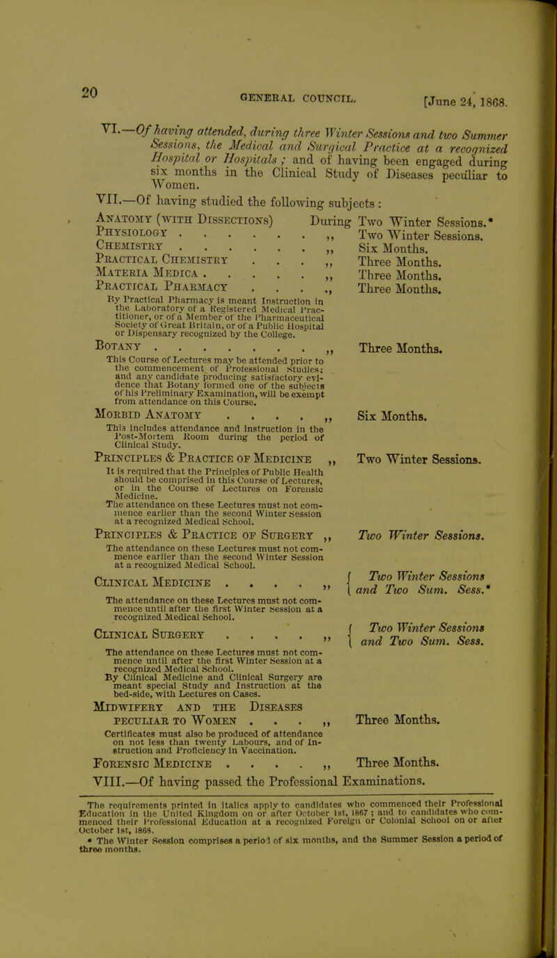 GENERAL COUNCIL. [June 24, 1868. VI.—Of having attended, during three Winter Sessions and two Summer Sessions, the Medical and Surr/ical Practice at a recognized Hospital or Hospitals ; and of having been engaged during six months in the Clinical Study of Diseases peculiar to Women. VII.—Of having studied the following subjects : Anatomy (with Dissections) During Two Winter Sessions. Physiology Chemistry . Practical Chemistry Materia Medica . Practical Pharmacy P.y Practical Pharmacy is meant Instruction in the Laboratory of a Registered Medical Prac- titioner, or of a Member of the Pharmaceutical Society of tireat Britain, or of a Public Hospital or Dispensary recognized by the College. Botany This Course of Lectures may be attended prior to the commencement of Professional studies; and any candidate producing satisfactory evi- dence that Botany formed one of the su'biects of his Preliminary Examination, will be exempt from attendance on this Course. Morbid Anatomy This includes attendance and instruction in the Post-Mortem Room during the period of Clinical Study. Principles & Practice of Medicine It is required that the Principles of Public Health should be comprised in this Course of Lectures, or In the Course of Lectures on Forensic Medicine. The attendance on these Lectures must not com- mence earlier than the second Winter Session at a recognized Medical School. Principles & Practice of Surgery The attendance on these Lectures must not com- mence earlier than the second Winter Session at a recognized Medical School. Clinical Medicine 11 11 Two Winter Sessions. Six Months. Three Months. Three Months. Three Months. Three Months. ii Six Months. Two Winter Sessions. ii ii The attendance on these Lectures must not com- mence until after the first Winter Session at a recognized Medical Sehool. Clinical Surgery ii Two Winter Sessions. Two Winter Sessions and Two Sum. Sess.' Two Winter Sessions and Two Sum. Sess. The attendance on these Lectures must not com- mence until after the first Winter Session at a recognized Medical School. By Clinical Medicine and Clinical Surgery are meant special Study and Instruction at the bed-side, with Lectures on Cases. Midwifery and the Diseases peculiar to Women . . . „ Certificates must also be produced of attendance on not less than twenty Labours, and of In- struction and Proficiency in Vaccination. Forensic Medicine . . . . VIII.—Of having passed the Professional Examinations. Three Months. Three Months. The requirements printed in italics apply to candidates who commenced their Professional Education in the United Kingdom on or after October 1st, 1867 ; and to candidates who com- menced their Professional Education at a recognized Foreign or Colonial School on or atier October 1st, 1863. * The Winter Session comprises aperiol of six months, and the Summer Session a period of three months.