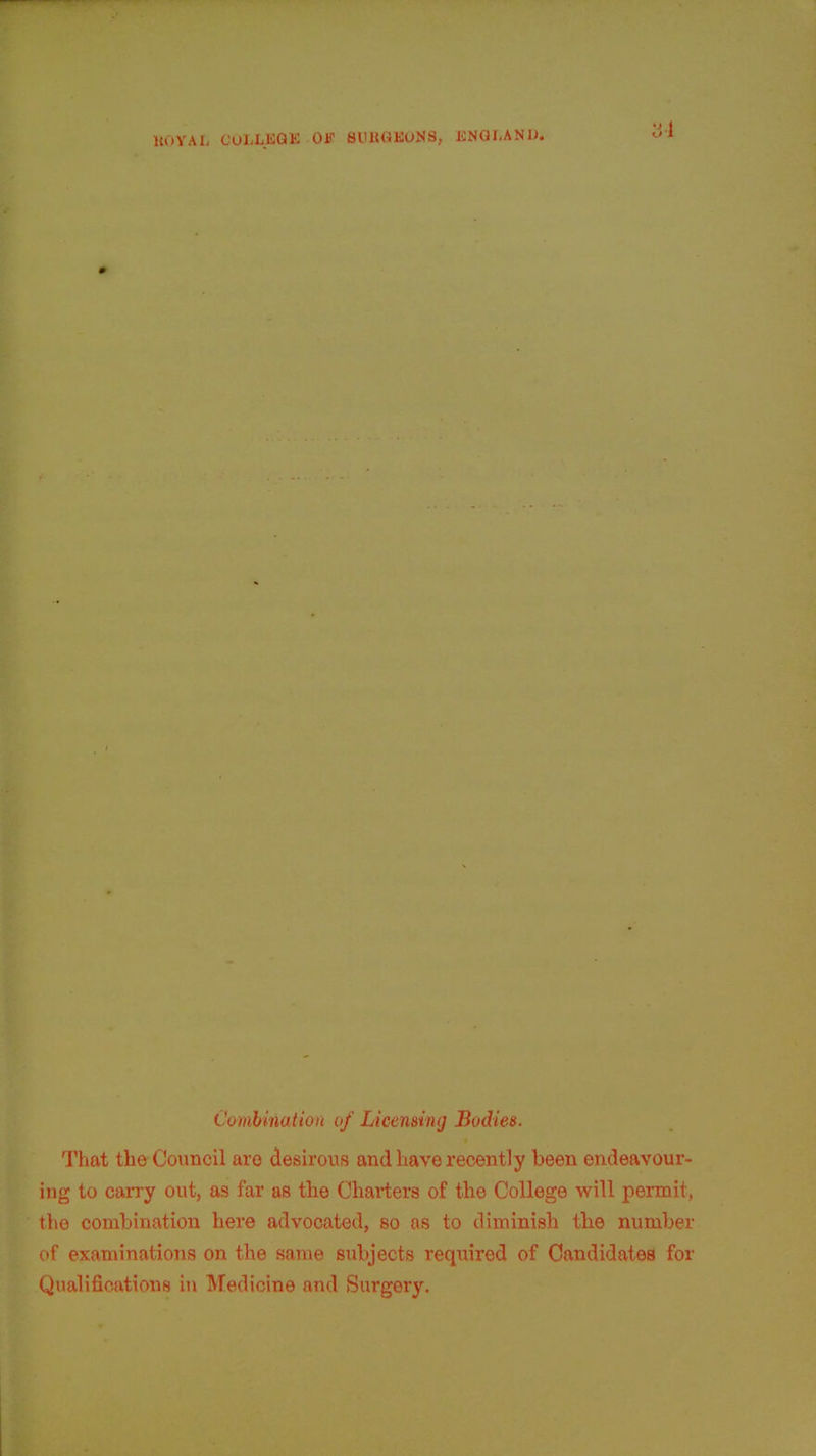 Combination of Licensing Bodies. That the Council are desirous and have recently been endeavour- ing to carry out, as far as the Charters of the College will permit, the combination here advocated, so as to diminish the number of examinations on the same subjects required of Candidates for Qualifications in Medicine and Surgery.