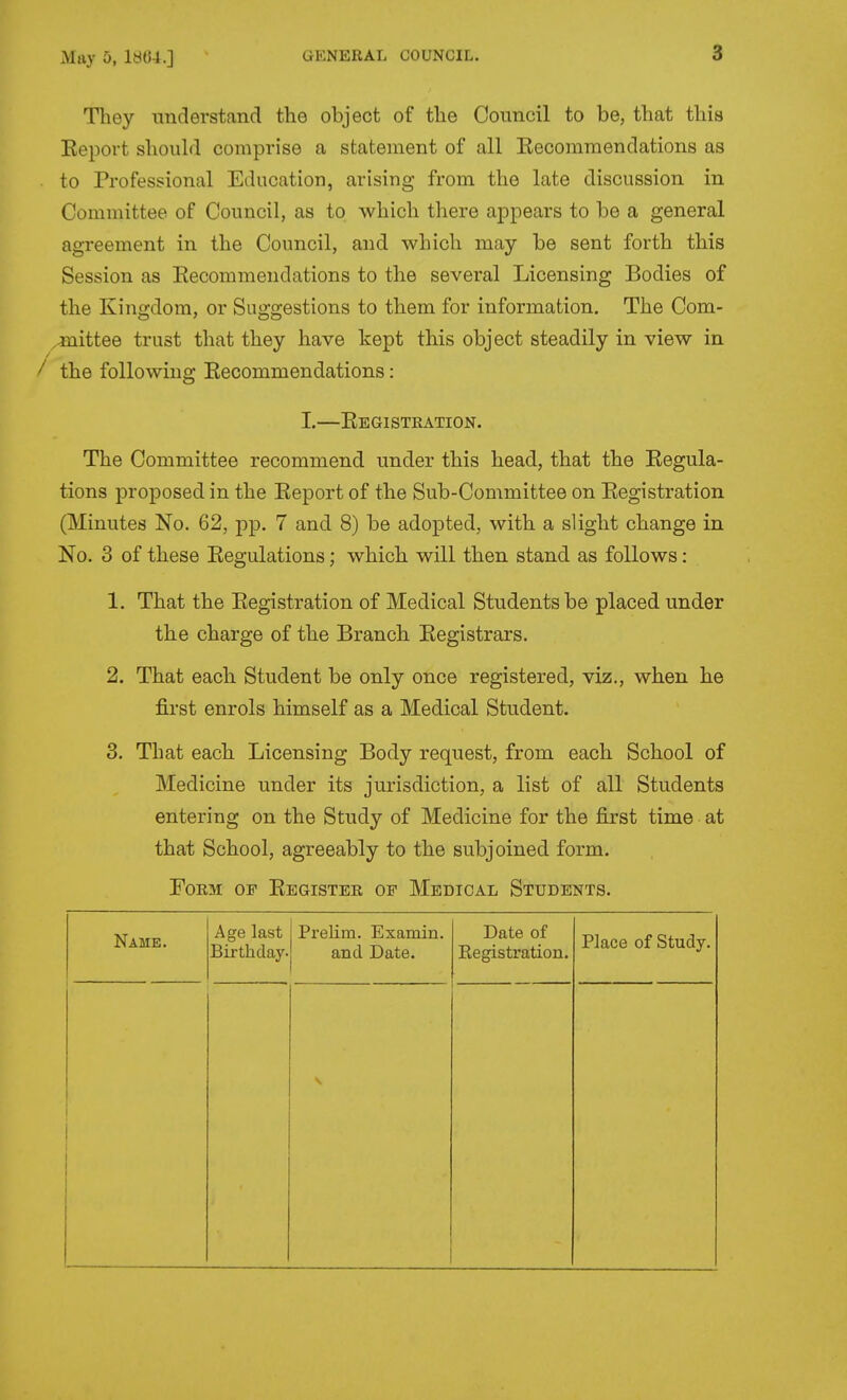 They understand the object of tlie Council to be, that this Eeport should comprise a statement of all Kecomraendations as to Professional Education, arising from the late discussion in Committee of Council, as to which there appears to be a general agreement in the Council, and which may be sent forth this Session as Kecommendations to the several Licensing Bodies of the Kingdom, or Suggestions to them for information. The Com- ,-mittee trust that they have kept this object steadily in view in / the following Eecommendations: I.—Eegistkation. The Committee recommend under this head, that the Eegula- tions proposed in the Eeport of the Sub-Committee on Eegistration (Minutes No. 62, pp. 7 and 8) be adopted, with a slight change in No. 3 of these Eegulations; which will then stand as follows: 1. That the Eegistration of Medical Students be placed under the charge of the Branch Eegistrars. 2. That each Student be only once registered, viz., when he first enrols himself as a Medical Student. 3. That each Licensing Body request, from each School of Medicine under its jurisdiction, a list of all Students entering on the Study of Medicine for the first time at that School, agreeably to the subjoined form. FoKM OF Eegister OF Medical Students. Name. Age last Birthday. Prelim. Examin. and Date. Date of Eegistration. Place of Study.