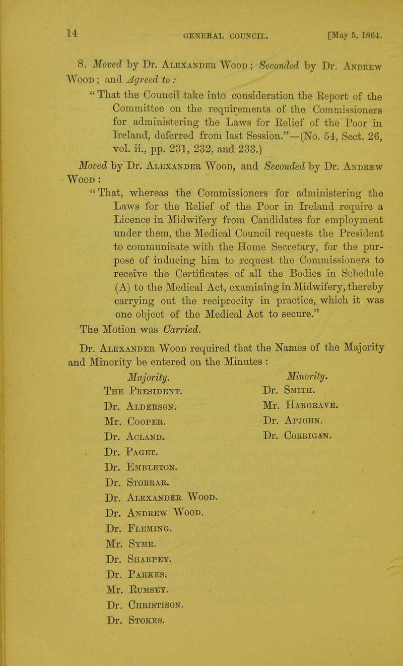14 8. Moved by Dr. Alexander Wood ; Seconded by Dr. Andrew AVooD ; and Agreed to :  That the Council take into consideration the Report of the Committee on the requirements of the Commi.ssioners for administering the Laws for Relief of the Poor in Ireland, deferred from last Session.—(No. 54, Sect. 26, vol. ii., pp. 231, 232, and 233.) Moved by'Dr. Alexander Wood, and Seconded by Dr. Andrew Wood : That, whereas the Commissioners for administering the Laws for the Relief of the Poor in Ireland require a Licence in Midwifery from Candidates for employment under them, the Medical Council requests the President to communicate with the Home Secretary, for the pur- pose of inducing him to request the Commissioners to receive the Certificates of all the Bodies in Schedule (A) to the Medical Act, examining in Midwifery, thereby carrying out the reciprocity in practice, which it was one object of the Medical Act to secure. The Motion was Carried. Dr. Alexander Wood required that the Names of the Majority and Minority be entered on the Minutes : Majority. Minority. The President. Dr. Smith. Dr. Alderson. Mr. Hargravb. Mr. Cooper. Dr. Apjohn. Dr. AcLAND. Dr. Corrigan. Dr. Paget. Dr. Embleton. Dr. Storrar. Dr. Alexander Wood. Dr. Andrew Wood. ' Dr. Fleming. Mr. Syme. Dr. Sharpey. Dr. Parkes. Mr. RuMSEY. Dr. Christison. Dr. Stokes.