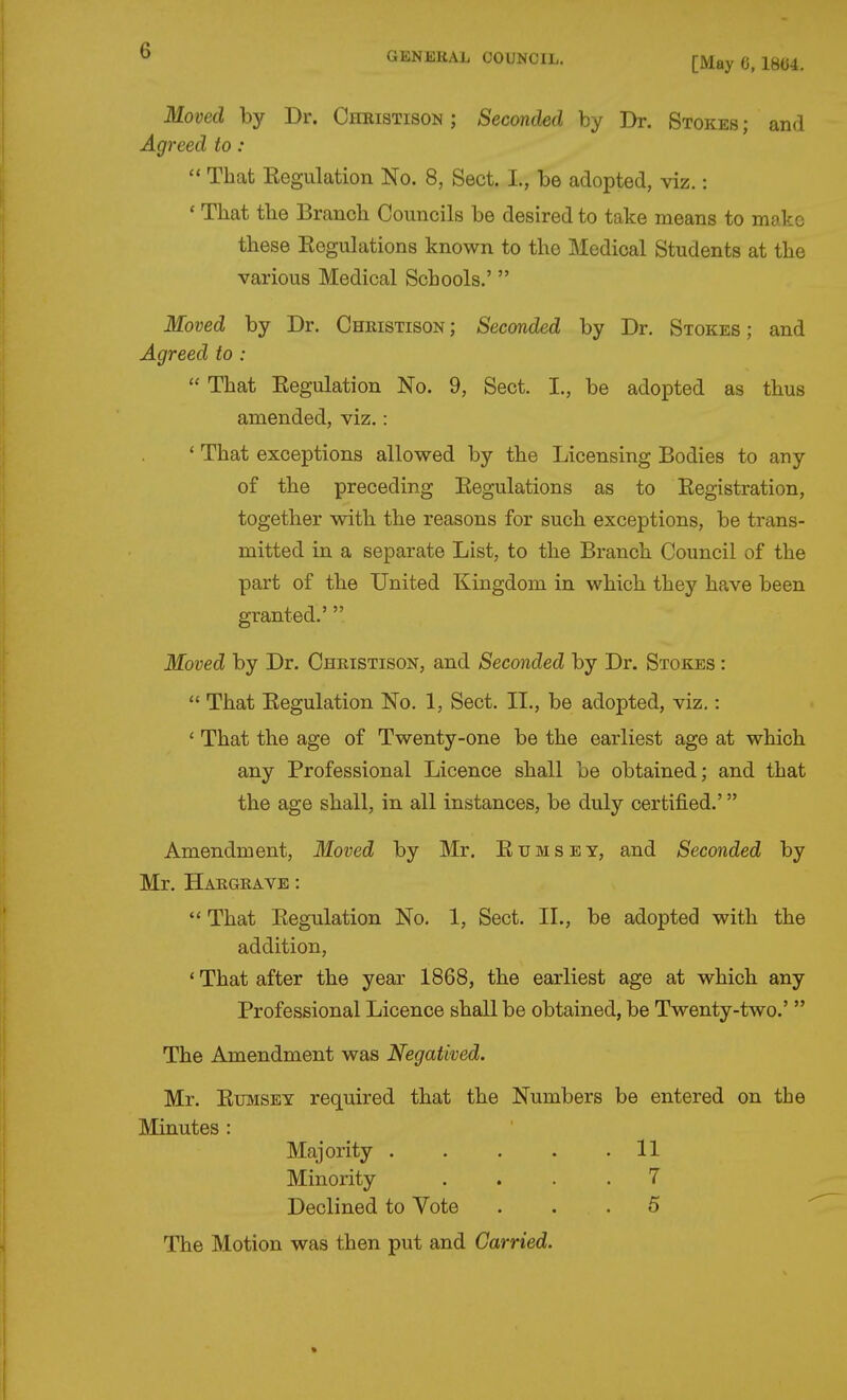 [May 6, 18U4. Moved by Dr. Christison ; Seconded by Dr. Stokes ; and Agreed to:  That Eegulation No. 8, Sect. I., be adopted, viz.: * That tbe Branch Councils be desired to take means to make these Eegulations known to the Medical Students at the various Medical Schools.' Moved by Dr. Christison; Seconded by Dr. Stokes; and Agreed to :  That Eegulation No. 9, Sect. I., be adopted as thus amended, viz.: ' That exceptions allowed by the Licensing Bodies to any of the preceding Eegulations as to Eegistration, together with the reasons for such exceptions, be trans- mitted in a separate List, to the Branch Council of the part of the United Kingdom in which they have been granted.' Moved by Dr. Christison, and Seconded by Dr. Stokes :  That Eegulation No. 1, Sect. II., be adopted, viz,: ' That the age of Twenty-one be the earliest age at which any Professional Licence shall be obtained; and that the age shall, in all instances, be duly certified.' Amendment, Moved by Mr. Eumsey, and Seconded by Mr. Haegrave :  That Eegulation No. 1, Sect. II., be adopted with the addition, * That after the year 1868, the earliest age at which any Professional Licence shall be obtained, be Twenty-two.'  The Amendment was Negatived. Mr. EtnviSEY required that the Numbers be entered on the Minutes : Majority 11 Minority .... 7 Declined to Vote ... 5 The Motion was then put and Carried.