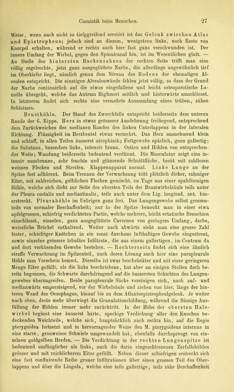 Weise, wenn auch nicht so tiefggreifend zerstört ist das Gelenk zwischen Atlas und Epistropheus; jedoch sind an diesem, wenigstens links, noch Reste von Knorpel erhalten, während er rechts auch hier fast ganz verschwunden ist. Der innere Umfang der Wirbel, gegen den Spinalcanal hin, ist im Wesentlichen glatt. — An Stelle des hintersten Backenzahnes der rechten Seite trifft man eine völlig regelrechte, jetzt ganz ausgeglättete Narbe, die allerdings ungewöhnlich tief im Oberkiefer liegt, nämlich genau dem Niveau des Bodens der ehemaligen Al- veolen entspricht. Die einstigen Alveolenwände fehlen jetzt völlig, so dass der Grund der Narbe continuirlich auf die etwas eingefallene und leicht osteoporotische La- melle übergeht, welche das Antrum Highmori seitlich und hinterwärts umschliesst. In letzterem findet sich rechts eine vermehrte Ansammlung eines trüben, zähen Schleimes. Brusthöhle. Der Stand des Zwerchfells entspricht beiderseits dem unteren Rande der 6. Rippe. Herz in etwas grösserer Ausdehnung freiliegend, entsprechend dem Zurückweichen des medianen Randes des linken Unterlappens in der lateralen Richtung. Flüssigkeit im Herzbeutel etwas vermehrt. Das Herz ausnehmend klein und schlaff, in allen Teilen äusserst atrophisch; Fettgewebe spärlich, ganz gallertig; die Substanz, besonders links, intensiv braun. Ostien und Höhlen von entsprechen- der Weite; Wandung beiderseits bedeutend verdünnt. Die Musculatur zeigt eine in- tensiv nussbraune, sehr feuchte und glänzende Schnittfläche, besät mit zahllosen weissen Flecken und Streifen. Klappenapparat normal. Linke Lunge an der Spitze fest adhärent. Beim Trennen der Verwachsung tritt plötzlich dicker, rahmiger Eiter, mit zahlreichen, gelblichen Flocken gemischt, zu Tage aus einer spaltförmigen Höhle, welche sich dicht zur Seite des obersten Teils der Brustwirbelsäule teils unter der Pleura costalis und mediastinalis, teils auch unter dem Lig. longitud. ant. hin- erstreckt. Pleurahöhle im Uebrigen ganz frei. Das Lungengewebe selbst grossen- teils von normaler Beschaffenheit; nur in- der Spitze bemerkt man in einer etwa apfelgrossen, schiefrig verdichteten Partie, welche mehrere, leicht ectatische Bronchien einschliesst, einzelne, ganz ausgeglättete Cavernen von geringem Umfang, derbe, weissliche Bröckel enthaltend. Weiter nach abwärts sieht man eine grosse Zahl fester, schiefriger Knötchen in ein sonst durchaus lufthaltiges Gewebe eingestreut, sowie einzelne grössere lobuläre Infiltrate, die aus einem gallertigen, im Centrum da und dort verkäsenden Gewebe bestehen. — Rechterseits findet sich eine ähnlich straffe Verwachsung im Spitzenteil, nach deren Lösung auch hier eine parapleurale Höhle zum Vorschein kommt. Dieselbe ist zwar beschränkter und mit einer geringeren Menge Eiter gefüllt, als die links beschriebene, hat aber an einigen Stellen doch be- reits begonnen, die Schwarte durchdringend auf die äussersten Schichten des Lungen- gewebes überzugreifen. Beide parapleurale Säcke vereinigen sich, nach auf- und medianwärts emporsteigend, vor der Wirbelsäule und ziehen von hier, längs der hin- teren Wand des Oesophagus, hinauf bis zu dem Atlantoepistrophealgelenk. Je weiter nach oben, desto mehr überwiegt die Granulationsbildung, während die flüssige Aus- füllung der Höhlen immer mehr zurücktritt. In der Höhe der obersten Hals- wirbel beginnt eine äusserst harte, speckige Verdickung aller den Knochen be- deckenden Weichteile, welche sich, hauptsächlich nach rechts hin, auf die Regio pterygoidea fortsetzt und in hervorragender Weise den M. pterygoideus internus in eine starre, grauweisse Schwiele umgewandelt hat, ebenfalls durchsprengt von ein- zelnen goldgelben Herden. — Die Verdichtung in der rechten Lungenspitze ist bedeutend umfänglicher als links, auch die darin eingeschlossenen Zerfallshöhlen grösser und mit reichlicherem Eiter gefüllt. Neben dieser schiefrigen erstreckt sich eine fast confluirende Reihe grauer Infiltrationen über einen grossen Teil des Ober- lappens und über die Lingula, welche eine teils gallertige, teils zähe Beschaffenheit
