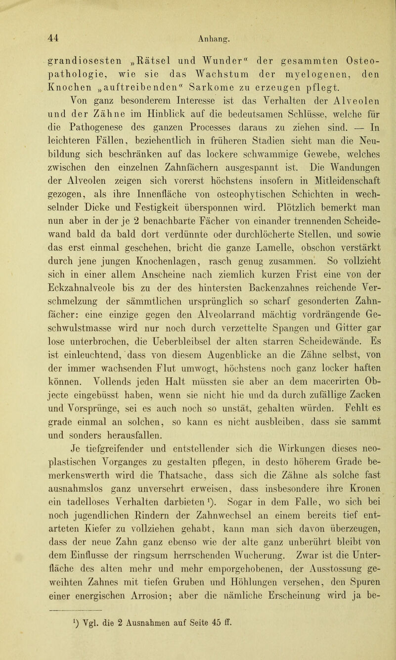 grandiosesten „Hätsel und Wunder^* der gesammten Osteo- pathologie, wie sie das Wachstum der myelogenen, den Knochen »auftreibenden Sarkome zu erzeugen pflegt. Von ganz besonderem Interesse ist das Verhalten der Alveolen und der Zähne im Hinblick auf die bedeutsamen Schlüsse, welche für die Pathogenese des ganzen Processes daraus zu ziehen sind. — In leichteren Fällen, beziehentlich in früheren Stadien sieht man die Neu- bildung sich beschränken auf das lockere schwammige Gewebe, welches zwischen den einzelnen Zahnfächern ausgespannt ist. Die Wandungen der Alveolen zeigen sich vorerst höchstens insofern in Mitleidenschaft gezogen, als ihre Innenfläche von osteophytischen Schichten in wech- selnder Dicke und Festigkeit übersponnen wird. Plötzlich bemerkt man nun aber in der je 2 benachbarte Fächer von einander trennenden Scheide- wand bald da bald dort verdünnte oder durchlöcherte Stellen, und sowie das erst einmal geschehen, bricht die ganze Lamelle, obschon verstärkt durch jene jungen Knochenlagen, rasch genug zusammen. So vollzieht sich in einer allem Anscheine nach ziemlich kurzen Frist eine von der Eckzahnalveole bis zu der des hintersten Backenzahnes reichende Ver- schmelzung der sämmtlichen ursprünglich so scharf gesonderten Zahn- fächer: eine einzige gegen den Alveolarrand mächtig vordrängende Ge- schwulstmasse wird nur noch durch verzettelte Spangen und Gitter gar lose unterbrochen, die Ueberbleibsel der alten starren Scheidewände. Es ist einleuchtend,' dass von diesem Augenblicke an die Zähne selbst, von der immer wachsenden Flut umwogt, höchstens noch ganz locker haften können. Vollends jeden Halt müssten sie aber an dem macerirten Ob- jecto eingebüsst haben, wenn sie nicht hie und da durch zufällige Zacken und Vorsprünge, sei es auch noch so unstät, gehalten würden. Fehlt es grade einmal an solchen, so kann es nicht ausbleiben, dass sie sammt und sonders herausfallen. Je tiefgreifender und entstellender sich die Wirkungen dieses neo- plastischen Vorganges zu gestalten pflegen, in desto höherem Grade be- merkenswerth wird die Thatsache, dass sich die Zähne als solche fast ausnahmslos ganz unversehrt erweisen, dass insbesondere ihre Kronen ein tadelloses Verhalten darbieten^). Sogar in dem Falle, wo sich bei noch jugendlichen Rindern der Zahnwechsel an einem bereits tief ent- arteten Kiefer zu vollziehen gehabt, kann man sich davon überzeugen, dass der neue Zahn ganz ebenso wie der alte ganz unberührt bleibt von dem Einflüsse der ringsum herrschenden Wucherung. Zwar ist die Unter- fläche des alten mehr und mehr emporgehobenen, der Ausstossung ge- weihten Zahnes mit tiefen Gruben und Höhlungen versehen, den Spuren einer energischen Arrosion; aber die nämliche Erscheinung wird ja be- ^) Vgl. die 2 Ausnahmen auf Seite 45 ff.