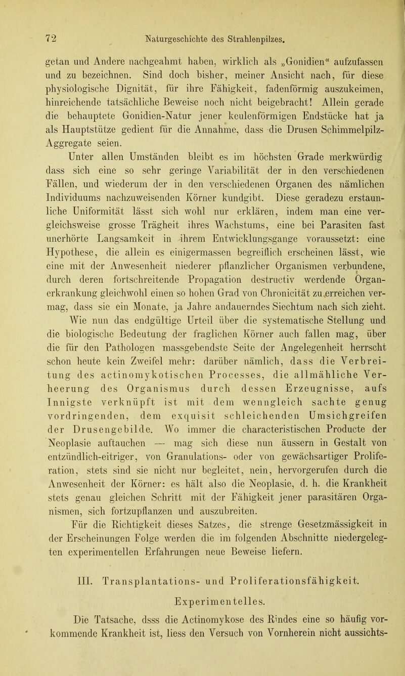 getan und Andere nachgeahmt haben, wirklich als „Gonidien^* aufzufassen und zu bezeichnen. Sind doch bisher, meiner Ansicht nach, für diese physiologische Dignität, für ihre Fähigkeit, fadenförmig auszukeimen, hinreichende tatsächliche Beweise noch nicht beigebracht! Allein gerade die behauptete Gonidien-Natur jener keulenförmigen Endstücke hat ja als Hauptstütze gedient für die Annahme, dass die Drusen Schimmelpilz- Aggregate seien. Unter allen Umständen bleibt es im höchsten Grade merkwürdig dass sich eine so sehr geringe Variabilität der in den verschiedenen Fällen, und wiederum der in den yerschiedenen Organen des nämlichen Individuums nachzuweisenden Körner kundgibt. Diese geradezu erstaun- liche Uniformität lässt sich wohl nur erklären, indem man eine ver- gleichsweise grosse Trägheit ihres Wachstums, eine bei Parasiten fast unerhörte Langsamkeit in ihrem Entwicklungsgange voraussetzt: eine Hypothese, die allein es einigermassen begreiflich erscheinen lässt, wie eine mit der Anwesenheit niederer pflanzlicher Organismen verbundene, durch deren fortschreitende Propagation destructiv werdende Organ- erkrankung gleichwohl einen so hohen Grad von Chronicität zu erreichen ver- mag, dass sie ein Monate, ja Jahre andauerndes Siechtum nach sich zieht. Wie nun das endgültige Urteil über die systematische Stellung und die biologische Bedeutung der fraglichen Körner auch fallen mag, über die für den Pathologen massgebendste Seite der Angelegenheit herrscht schon heute kein Zweifel mehr: darüber nämlich, dass die Verbrei- tung des actinomykotischen Processes, die allmähliche Ver- heerung des Organismus durch dessen Erzeugnisse, aufs Innigste verknüpft ist mit dem wenngleich sachte genug vordringenden, dem exquisit schleichenden Umsichgreifen der Drusengebilde. Wo immer die characteristischen Producte der Neoplasie auftauchen — mag sich diese nun äussern in Gestalt von entzündlich-eitriger, von Granulations- oder von gewächsartiger Prolife- ration, stets sind sie nicht nur begleitet, nein, hervorgerufen durch die Anwesenheit der Körner: es hält also die Neoplasie, d. h. die Krankheit stets genau gleichen Schritt mit der Fähigkeit jener parasitären Orga- nismen, sieb fortzupflanzen und auszubreiten. Für die Pichtigkeit dieses Satzes^ die strenge Gesetzmässigkeit in der Erscheinungen Folge werden die im folgenden Abschnitte niedergeleg- ten experimentellen Erfahrungen neue Beweise liefern. III. Transplantations- und Proliferationsfähigkeit. Experimentelles. Die Tatsache, dsss die Actinomykose des Rindes eine so häufig vor- kommende Krankheit ist, liess den Versuch von Vornherein nicht aussichts-
