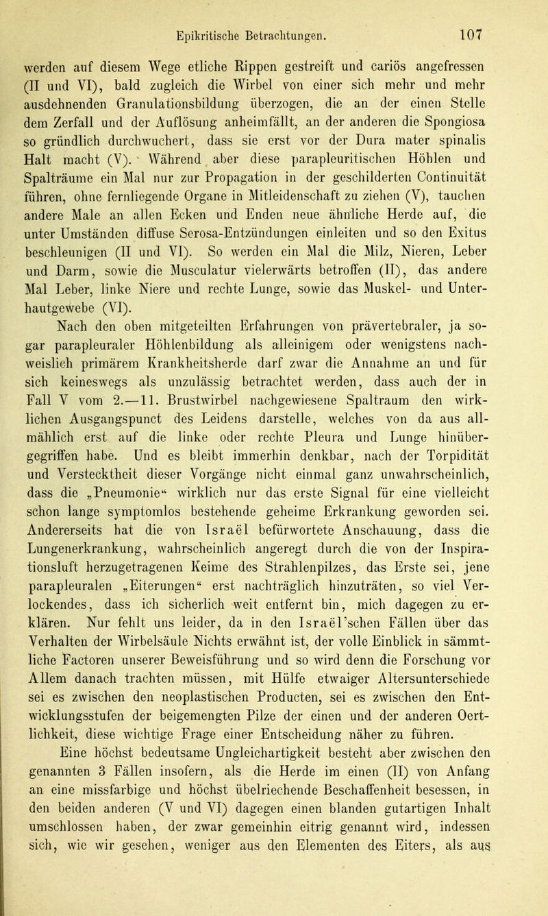 werden auf diesem Wege etliche Rippen gestreift und cariös angefressen (II und VI), bald zugleich die Wirbel von einer sich mehr und mehr ausdehnenden Granulationsbildung überzogen, die an der einen Stelle dem Zerfall und der Auflösung anheimfällt, an der anderen die Spongiosa so gründlich durchwuchert, dass sie erst vor der Dura mater spinalis Halt macht (V). ~ Während aber diese paraplouritischen Höhlen und Spalträume ein Mal nur zur Propagation in der geschilderten Continuität führen, ohne fernliegende Organe in Mitleidenschaft zu ziehen (V), tauchen andere Male an allen Ecken und Enden neue ähnliche Herde auf, die unter Umständen diffuse Serosa-Entzündungen einleiten und so den Exitus beschleunigen (II und VI). So werden ein Mal die Milz, Nieren, Leber und Darm, sowie die Musculatur vielerwärts betroffen (II), das andere Mal Leber, linke Niere und rechte Lunge, sowie das Muskel- und Unter- hautgewebe (VI). Nach den oben mitgeteilten Erfahrungen von prävertebraler, ja so- gar parapleuraler Höhlenbildung als alleinigem oder wenigstens nach- weislich primärem Krankheitsherde darf zwar die Annahme an und für sich keineswegs als unzulässig betrachtet werden, dass auch der in Fall V vom 2.—11. Brustwirbel nachgewiesene Spaltraum den wirk- lichen Ausgangspunct des Leidens darstelle, welches von da aus all- mählich erst auf die linke oder rechte Pleura und Lunge hinüber- gegriffen habe. Und es bleibt immerhin denkbar, nach der Torpidität und Verstecktheit dieser Vorgänge nicht einmal ganz unwahrscheinlich, dass die „Pneumonie^' wirklich nur das erste Signal für eine vielleicht schon lange symptomlos bestehende geheime Erkrankung geworden sei. Andererseits hat die von Israel befürwortete Anschauung, dass die Lungenerkrankung, wahrscheinlich angeregt durch die von der Inspira- tionsluft herzugetragenen Keime des Strahlenpilzes, das Erste sei, jene parapleuralen „Eiterungen erst nachträglich hinzuträten, so viel Ver- lockendes, dass ich sicherlich weit entfernt bin, mich dagegen zu er- klären. Nur fehlt uns leider, da in den Israel'schen Fällen über das Verhalten der Wirbelsäule Nichts erwähnt ist, der volle Einblick in sämmt- liche Factoren unserer Beweisführung und so wird denn die Forschung vor Allem danach trachten müssen, mit Hülfe etwaiger Altersunterschiede sei es zwischen den neoplastischen Producten, sei es zwischen den Ent- wicklungsstufen der beigemengten Pilze der einen und der anderen Oert- lichkeit, diese wichtige Frage einer Entscheidung näher zu führen. Eine höchst bedeutsame Ungleichartigkeit besteht aber zwischen den genannten 3 Fällen insofern, als die Herde im einen (II) von Anfang an eine missfarbige und höchst übelriechende Beschaffenheit besessen, in den beiden anderen (V und VI) dagegen einen blanden gutartigen Inhalt umschlossen haben, der zwar gemeinhin eitrig genannt wird, indessen sich, wie wir gesehen, weniger aus den Elementen des Eiters, als aus
