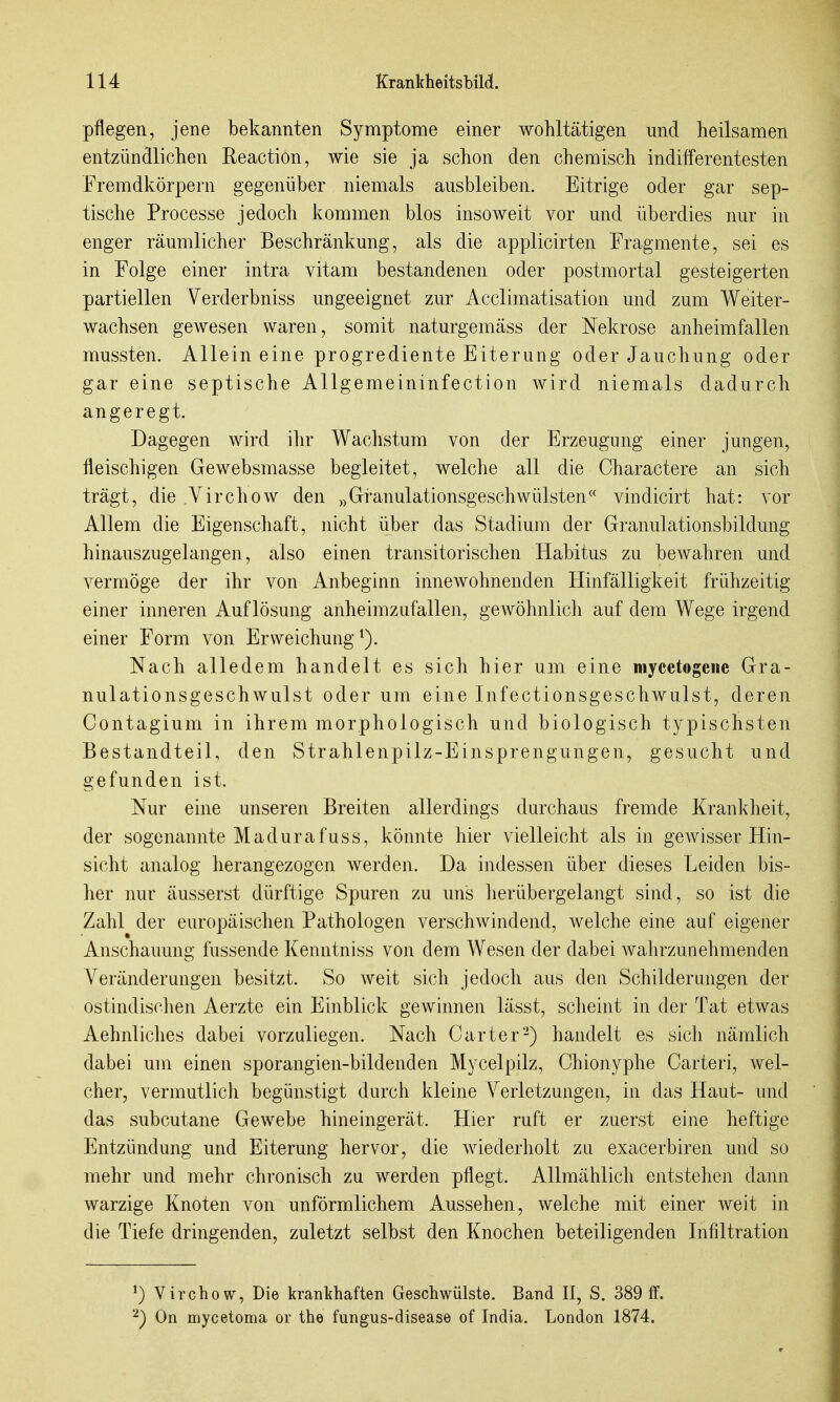 pflegen, jene bekannten Symptome einer wohltätigen und heilsamen entzündlichen Reaction, wie sie ja schon den chemisch indifferentesten Fremdkörpern gegenüber niemals ausbleiben. Eitrige oder gar sep- tische Processe jedoch kommen blos insoweit vor und überdies nur in enger räumlicher Beschränkung, als die applicirten Fragmente, sei es in Folge einer intra vitam bestandenen oder postmortal gesteigerten partiellen Verderbniss ungeeignet zur Acclimatisation und zum Weiter- wachsen gewesen waren, somit naturgemäss der Nekrose anheimfallen mussten. Allein eine progrediente Eiterung oder Jauchung oder gar eine septische Allgemeininfection wird niemals dadurch angeregt. Dagegen wird ihr Wachstum von der Erzeugung einer jungen, fleischigen Gewebsmasse begleitet, welche all die Charactere an sich trägt, die Virchow den „Granulationsgeschwülsten vindicirt hat: vor Allem die Eigenschaft, nicht über das Stadium der Granulationsbildung hinauszugelangen, also einen transitorischen Habitus zu bewahren und vermöge der ihr von Anbeginn innewohnenden Hinfälligkeit frühzeitig einer inneren Auflösung anheimzufallen, gewöhnlich auf dem Wege irgend einer Form von Erweichung^). Nach alledem handelt es sich hier um eine mycetogeiic Gra- nulationsgeschwulst oder um eine Infectionsgeschwulst, deren Contagium in ihrem morphologisch und biologisch typischsten Bestandteil, den Strahlenpilz-Einsprengungen, gesucht und gefunden ist. Nur eine unseren Breiten allerdings durchaus fremde Krankheit, der sogenannte Madurafuss, könnte hier vielleicht als in gewisser Hin- sicht analog herangezogen werden. Da indessen über dieses Leiden bis- her nur äusserst dürftige Spuren zu uns herübergelangt sind, so ist die Zahl der europäischen Pathologen verschwindend, welche eine auf eigener Anschauung fussende Kenntniss von dem Wesen der dabei wahrzunehmenden Veränderungen besitzt. So weit sicli jedoch aus den Schilderungen der ostindisclien Aerzte ein Einblick gewinnen lässt, scheint in der Tat etwas Aehnliches dabei vorzuliegen. Nach Carter-) handelt es sich nämlich dabei um einen sporangien-bildenden Mycelpilz, Chionyphe Carteri, wel- cher, vermutlich begünstigt durch kleine Verletzungen, in das Haut- und das subcutane Gewebe hineingerät. Hier ruft er zuerst eine heftige Entzündung und Eiterung hervor, die wiederholt zu exacerbiren und so mehr und mehr chronisch zu werden pflegt. Allmählich entstehen dann warzige Knoten von unförmlichem Aussehen, welche mit einer weit in die Tiefe dringenden, zuletzt selbst den Knochen beteiligenden Infiltration ^) Virchow, Die krankhaften Geschwülste. Band II, S. 389 ff. On mycetoma or the fungus-disease of India. London 1874.