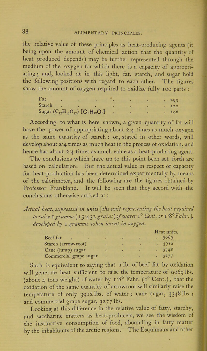 the relative value of these principles as heat-producing agents (it being upon the amount of chemical action that the quantity of heat produced depends) may be further represented through the medium of the oxygen for w^hich there is a capacity of appropri- ating; and, looked at in this light, fat, starch, and sugar hold the following positions with regard to each other. The figures show the amount of oxygen required to oxidize fully too parts : Fat 293 Starch . . . . . , .120 Sugar (C12H12O12) [C6H12O6] . . . -106 According to what is here shown, a given quantity of fat will have the power of appropriating about 2*4 times as much oxygen as the same quantity of starch : or, stated in other words, will develop about 2*4 times as much heat in the process of oxidation, and hence has about 2*4 times as much value as a heat-producing agent. The conclusions which have up to this point been set forth are based on calculation. But the actual value in respect of capacity for heat-production has been determined experimentally by means of the calorimeter, and the following are the figures obtained by Professor Frankland. It will be seen that they accord with the conclusions otherwise arrived at: Actual heat J expressed in units [the unit representing the heat required to raise i gramme ^1,1 grains) of water 1° Cent, or i'S°Fahr.], developed by i gramme when burnt in oxygen. Heat units. Beef fat . . . • . • 9069 Starch (arrow, root) . . • -391^ Cane (lump) sugar .... 3348 Commercial grape sugar . . • .3277 Such is equivalent to saying that i lb. of beef fat by oxidation will generate heat sufficient to raise the temperature of 9069 lbs. (about 4 tons weight) of water by i-8° Fahr. (1° Cent,); that the oxidation of the same quantity of arrowroot will similarly raise the temperature of only 3912 lbs. of water; cane sugar, 3348 lbs.; and commercial grape sugar, 3277 lbs. Looking at this difference in the relative value of fatty, starchy, and saccharine matters as heat-producers, we see the wisdom of the instinctive consumption of food, abounding in fatty matter by the inhabitants of the arctic regions. The Esquimaux and other