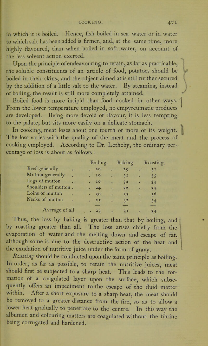 in which it is boiled. Hence, fish boiled in sea water or in water to which salt has been added is firmer, and, at the same time, more highly flavoured, than when boiled in soft water, on account of the less solvent action exerted. Upon the principle of endeavouring to retain, as far as practicable, the soluble constituents of an article of food, potatoes should be boiled in their skins, and the object aimed at is still further secured by the addition of a little salt to the water. By steaming, instead of boiling, the result is still more completely attained. Boiled food is more insipid than food cooked in other ways. From the lower temperature employed, no empyreumatic products are developed. Being more devoid of flavour, it is less tempting to the palate, but sits more easily on a delicate stomach. In cooking, meat loses about one fourth or more of its weight. \ The loss varies with the quality of the meat and the process of !\ cooking employed. According to Dr. Letheby, the ordinary per- f' centage of loss is about as follows : Boiling. Baking. Roasting. Beef generally 20 29 31 Mutton generally 20 31 35 Legs of mutton 20 32 33 Shoulders of mutton . . 24 32 34 Loins of mutton . 30 33 36 Necks of mutton • ^5 32 34 Average of all . • 23 31 34 Thus, the loss by baking is greater than that by boiling, and by roasting greater than all. The loss arises chiefly from the evaporation of water and the melting down and escape of fat, although some is due to the destructive action of the heat and the exudation of nutritive juice under the form of gravy. Roasting should be conducted upon the same principle as boiling. In order, as far as possible, to retain the nutritive juices, meat should first be subjected to a sharp heat. This leads to the for- mation of a coagulated layer upon the surface, which subse- quently ofl^ers an impediment to the escape of the fluid matter within. After a short exposure to a sharp heat, the meat should be removed to a greater distance from the fire, so as to allow a ( lower heat gradually to penetrate to the centre. In this way the albumen and colouring matters are coagulated without the fibrine being corrugated and hardened.