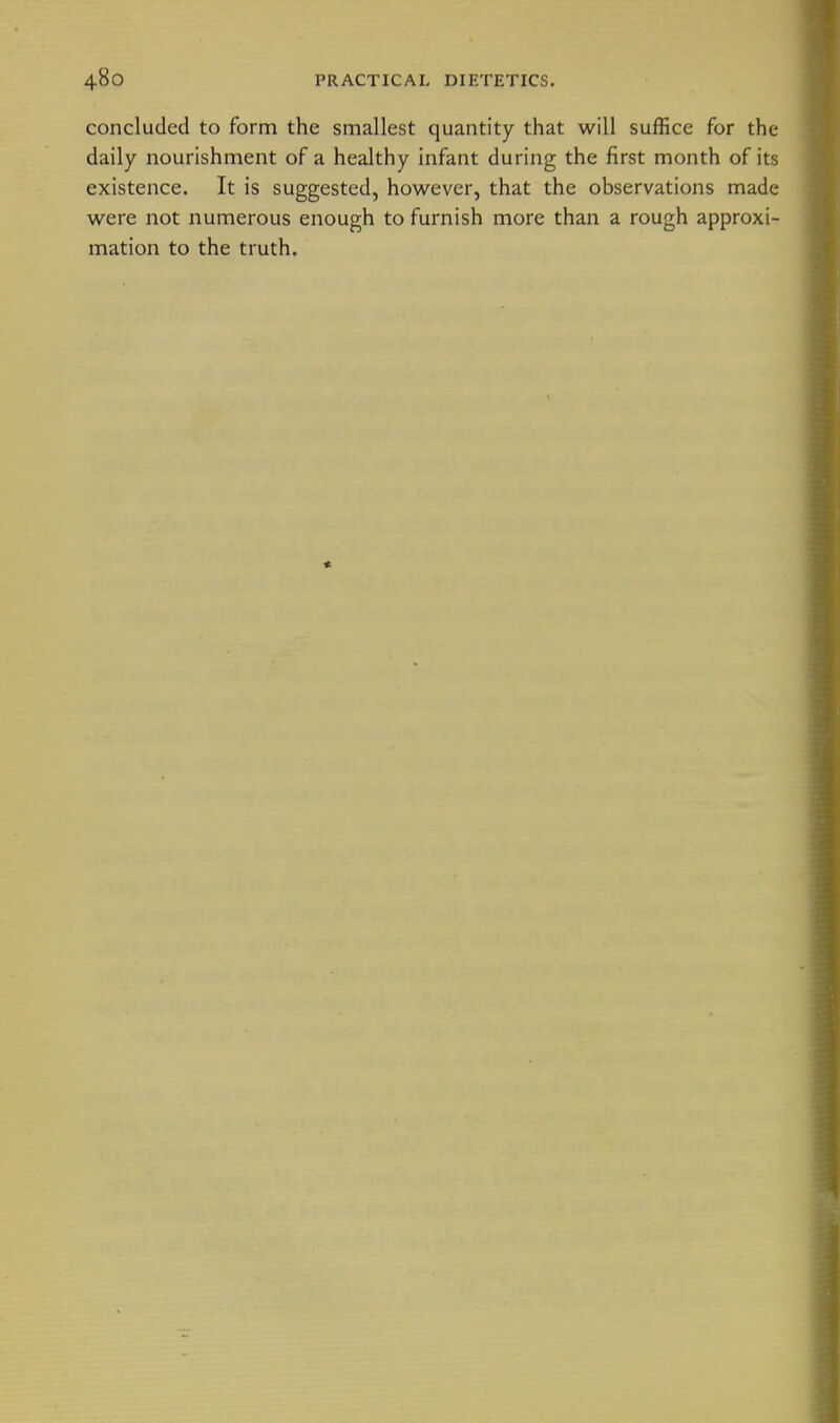 concluded to form the smallest quantity that will suffice for the daily nourishment of a healthy infant during the first month of its existence. It is suggested, however, that the observations made were not numerous enough to furnish more than a rough approxi- mation to the truth.
