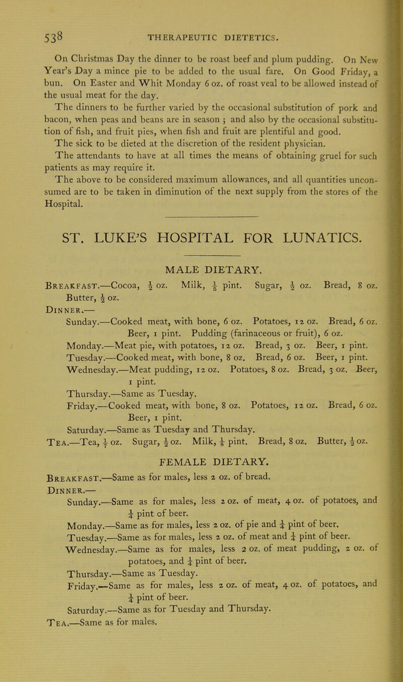 On Christmas Day the dinner to be roast beef and plum pudding. On New Year's Day a mince pie to be added to the usual fare. On Good Friday, a bun. On Easter and Whit Monday 6 oz. of roast veal to be allowed instead of the usual meat for the day. The dinners to be further varied by the occasional substitution of pork and bacon, when peas and beans are in season ; and also by the occasional substitu- tion of fish, and fruit pies, when fish and fruit are plentiful and good. The sick to be dieted at the discretion of the resident physician. The attendants to have at all times the means of obtaining gruel for such patients as may require it. The above to be considered maximum allowances, and all quantities uncon- sumed are to be taken in diminution of the next supply from the stores of the Hospital. ST. LUKE^S HOSPITAL FOR LUNATICS. MALE DIETARY. Breakfast.—Cocoa, | oz. Milk, ^ pint. Sugar, J oz. Bread, 8 oz. Butter, ^ oz. Dinner.— Sunday.—Cooked meat, with bone, 6 oz. Potatoes, 12 oz. Bread, 6 oz. Beer, i pint. Pudding (farinaceous or fruit), 6 oz. Monday.—Meat pie, with potatoes, iz oz. Bread, 3 oz. Beer, i pint. Tuesday.—Cooked meat, with bone, 8 oz. Bread, 6 oz. Beer, i pint. Wednesday.—Meat pudding, 12 oz. Potatoes, 8 oz. Bread, 3 oz. Beer, I pint. Thursday.—Same as Tuesday. Friday.—Cooked meat, with bone, 8 oz. Potatoes, 12 oz. Bread, 6 oz. Beer, i pint. Saturday.—Same as Tuesday and Thursday. Tea.—Tea, i oz. Sugar, |oz. Milk, ^ pint. Bread, 8 oz. Butter, ^oz. FEMALE DIETARY. Breakfast.—Same as for males, less 2 oz. of bread. Dinner.— Sunday.—Same as for males, less 2 oz. of meat, 4 oz. of potatoes, and i pint of beer. Monday.—Same as for males, less 2 oz. of pie and z pint of beer. Tuesday.—Same as for males, less 2 oz. of meat and z pint of beer. Wednesday.—Same as for males, less 2 oz. of meat pudding, 2 oz. of potatoes, and J pint of beer. Thursday.—Same as Tuesday. Friday.—Same as for males, less 2 oz. of meat, 4 oz. of potatoes, and ^ pint of beer. Saturday.—Same as for Tuesday and Thursday. Tea.—Same as for males.