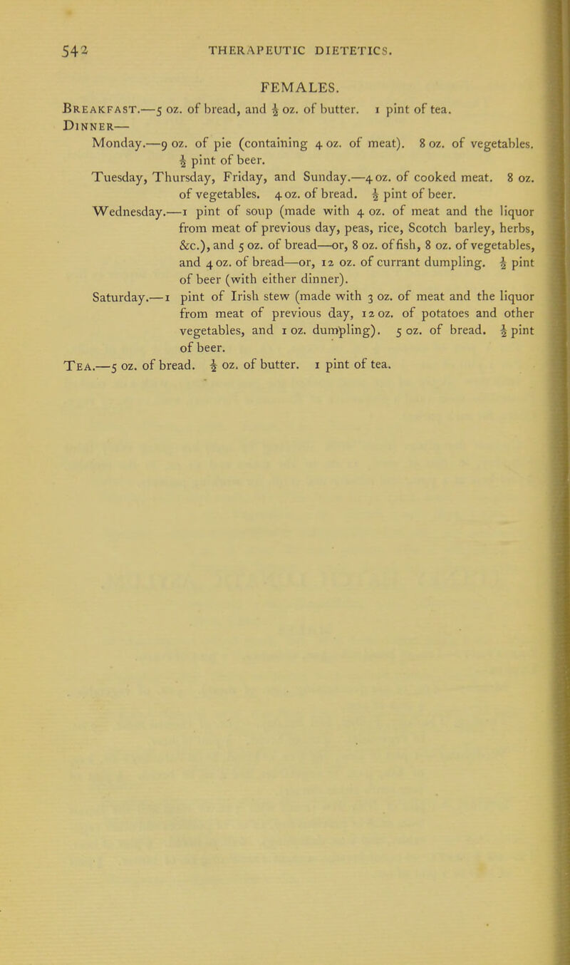 FEMALES. Breakfast.—5 oz. of bread, and ^ oz. of butter, i pint of tea. Dinner— Monday.—9 oz. of pie (containing 4 oz. of meat). 8 oz. of vegetables. ^ pint of beer. Tuesday, Thursday, Friday, and Sunday.—40Z. of cooked meat. 8 oz. of vegetables. 4. oz. of bread. ^ pint of beer. Wednesday.—i pint of soup (made with 4 oz. of meat and the liquor from meat of previous day, peas, rice, Scotch barley, herbs, &c.), and 5 oz. of bread—or, 8 oz. of fish, 8 oz. of vegetables, and 40Z. of bread—or, 12 oz. of currant dumpling. | pint of beer (with either dinner). Saturday.— i pint of Irish stew (made with 3 oz. of meat and the liquor from meat of previous day, izoz. of potatoes and other vegetables, and i oz. dumpling). 5 oz. of bread. 5 pint of beer.
