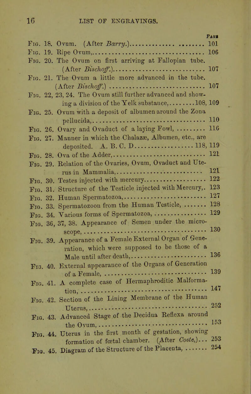 Plat Fig. 18. Ovum. (After Barry.) 101 Fig. 19. Ripe Ovum 106 Fig. 20. The Ovum on first arriving at Fallopian tube. (After Bisclioff.) 107 Fig. 21. The Ovum a little more advanced in the tube. (After Bisclioff.) 107 Fig. 22, 23, 24. The Ovum still further advanced and show- ing a division of the Yelk substance, 108, 109 Fig. 25. Ovum with a deposit of albumen around the Zona pellucida 110 Fig. 26. Ovary and Ovaduct of a laying Fowl, 116 Fig. 27. Manner in which the Chalazaj, Albumen, etc., are deposited. A. B. C. D 118, 119 Fig. 28. Ova of the Adder 121 Fig. 29. Relation of the Ovaries, Ovum, Ovaduct and Ute- rus in Mammalia 121 Fig. 30. Testes injected with mercury 122 Fig. 31. Structure of the Testicle injected with Mercury,. 123 Fig. 32. Human Spermatozoa, 127 Fig. 33. Spermatozoon from the Human Testicle, 128 Fig. 34. Various forms of Spermatozoa, 129 Fig. 36, 37, 38. Appearance of Semen under the micro- scope, 130 Fig. 39. Appearance of a Female External Organ of Gene- ration, which were supposed to be those of a Male until after death 136 Fio. 40. External appearance of the Organs of Generation of a Female, 139 Fig 41 A complete case of Hermaphroditic Malforma- tion, 147 Fig. 42. Section of the Lining Membrane of the Human Uterus, 252 Fig. 43. Advanced Stage of the Decidua Reflexa around the Ovum, 153 Fia. 44. Uterus in the first month of gestation, showing formation of foetal chamber. (After Coste,)... 253 Fia. 45. Diagram of the Structure of the Placenta, 254