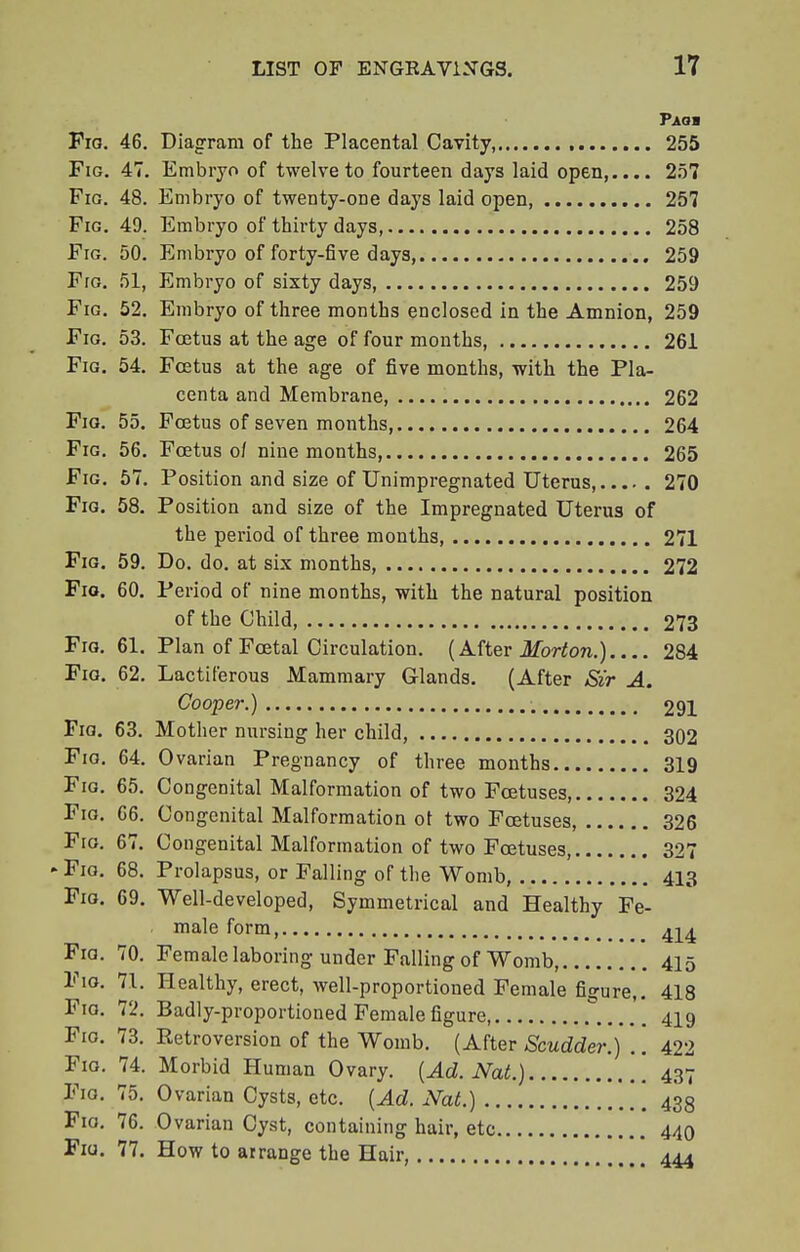 Paob Fro. 46. Diagram of the Placental Cavity, 255 Fig. 47. Embryo of twelve to fourteen days laid open,.... 257 Fig. 48. Embryo of twenty-one days laid open, 257 Fig. 49. Embryo of thirty days 258 Fig. 50. Embryo of forty-five days, 259 Fig. 51, Embryo of sixty days, 259 Fig. 52. Embryo of three months enclosed in the Amnion, 259 Fig. 53. Fo2tus at the age of four months, 261 Fig. 54. Foetus at the age of five months, with the Pla- centa and Membrane, 262 Fig. 55. Foetus of seven months, 264 Fig. 56. Foetus o/ nine months, 265 Fig. 57. Position and size of Unimpregnated Uterus, 270 Fig. 58. Position and size of the Impregnated Uterus of the period of three months, 271 Fig. 59. Do. do. at six months, 272 Fio. 60. Period of nine months, with the natural position of the Child, 273 Fig. 61. Plan of Foetal Circulation. (After Morton.) 284 Fig. 62. Lactiferous Mammary Glands. (After Sir A. Cooper.) 291 Fig. 63. Mother nursing her child, 302 Fig. 64. Ovarian Pregnancy of three months 319 Fig. 65. Congenital Malformation of two Foetuses, 324 Fig. 66. Congenital Malformation ot two Foetuses, 326 Fig. 67. Congenital Malformation of two Foetuses, 327 ► Fig. 68. Prolapsus, or Falling of the Womb, 413 Fig. 69. Well-developed, Symmetrical and Healthy Fe- male form, 414 Fig. 70. Female laboring under Falling of Womb, 415 Fig. 71. Healthy, erect, well-proportioned Female figure,. 418 Fio. 72. Badly-proportioned Female figure, 419 Fig. 73. Eetroversion of the Womb. (After Scudder.) .'. 422 Fig. 74. Morbid Human Ovary. (Ad. Nat.) 437 Fio. 75. Ovarian Cysts, etc. (Ad. Nat.) 433 Fio. 76. Ovarian Cyst, containing hair, etc 440 Fiu. 77. How to arrange the Hair, 444