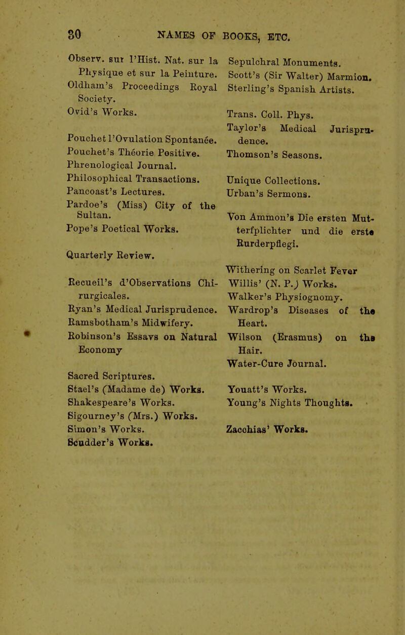 Observ. sur l'Hist. Nat. sur la Physique et sur la Peiuture. Oldham's Proceedings Royal Society. Ovid's Works. Pouchet l'Ovulation Spontanee. Pouchet's Theorie Positive. Phrenological Journal. Philosophical Transactions. Pancoast's Lectures. Pardoe's (Miss) City of the Sultan. Pope's Poetical Works. Quarterly Review. Recueil's d'Observations Chi- rurgicales. Ryan's Medical Jurisprudence. Ramsbotham's Midwifery. Robinson's Essavs on Natural Economy Sacred Scriptures. Stael's (Madame de) Works. Shakespeare's Works. Sigourney's (Mrs.) Works. Simon's Works. Scudder's Works. Sepulchral Monuments. Scott's (Sir Walter) Marmion. Sterling's Spanish Artists. Trans. Coll. Phys. Taylor's Medical Jurispru- dence. Thomson's Seasons. Unique Collections. Urban's Sermons. Von Ammon's Die ersten Mut- terfplichter und die erst* Rurderpflegi. Withering on Scarlet Fever Willis' (N. P.; Works. Walker's Physiognomy. Wardrop's Diseases of the Heart. Wilson (Erasmus) on ths Hair. Water-Cure Journal. Youatt's Works. Young's Nights Thoughts. Zacchias' Works.