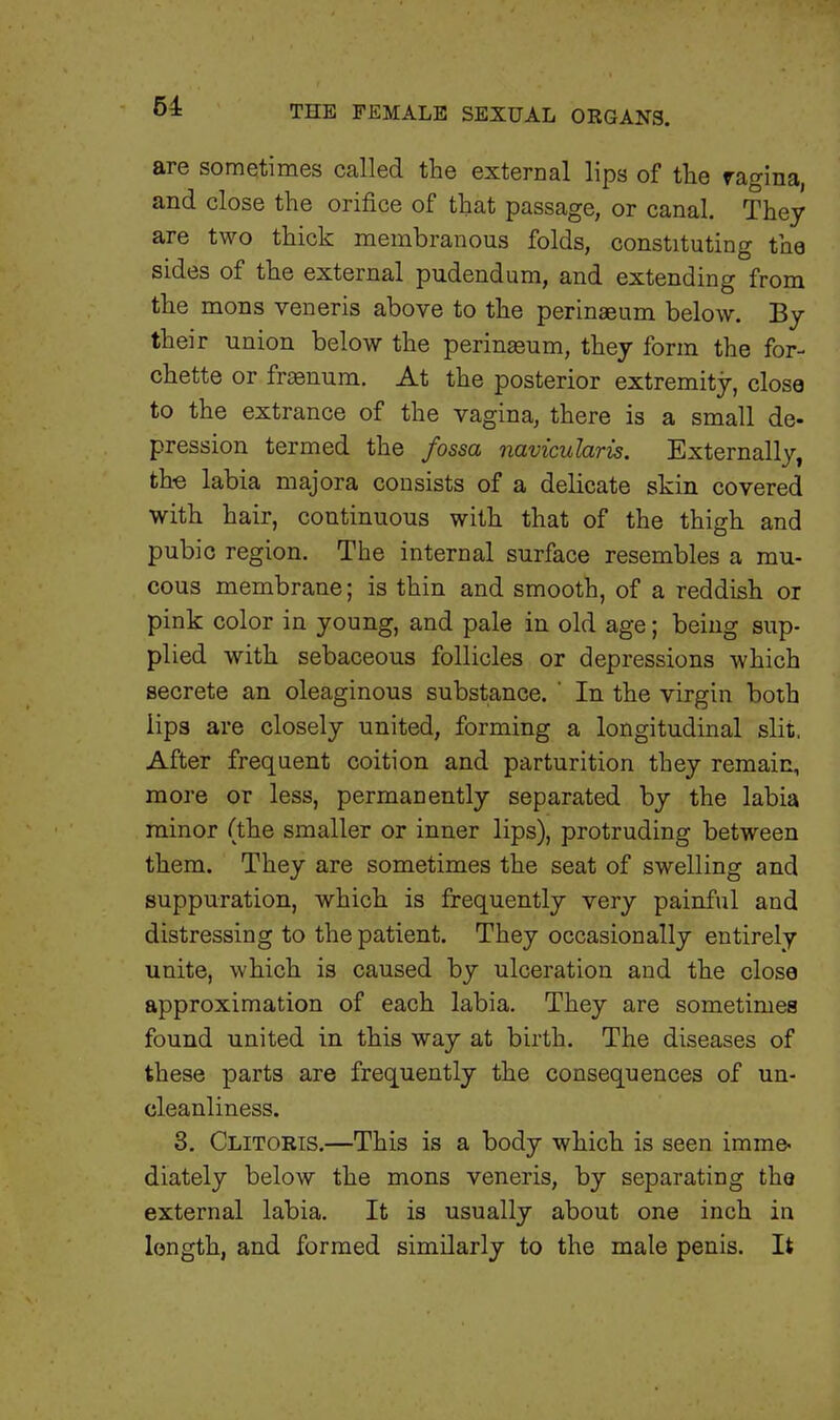 are sometimes called the external lips of the ragina, and close the orifice of that passage, or canal. They are two thick membranous folds, constituting the sides of the external pudendum, and extending from the mons veneris above to the perinaeum below. By their union below the perineeum, they form the for- chette or frasnum. At the posterior extremity, close to the extrance of the vagina, there is a small de- pression termed the fossa navicularis. Externally, the labia majora consists of a delicate skin covered with hair, continuous with that of the thigh and pubic region. The internal surface resembles a mu- cous membrane; is thin and smooth, of a reddish or pink color in young, and pale in old age; being sup- plied with sebaceous follicles or depressions which secrete an oleaginous substance. ' In the virgin both lips are closely united, forming a longitudinal slit. After frequent coition and parturition they remain, more or less, permanently separated by the labia minor (the smaller or inner lips), protruding between them. They are sometimes the seat of swelling and suppuration, which is frequently very painful and distressing to the patient. They occasionally entirely unite, which is caused by ulceration and the close approximation of each labia. They are sometimes found united in this way at birth. The diseases of these parts are frequently the consequences of un- cleanliness. 3. Clitoris.—This is a body which is seen imme- diately below the mons veneris, by separating the external labia. It is usually about one inch in length, and formed similarly to the male penis. It