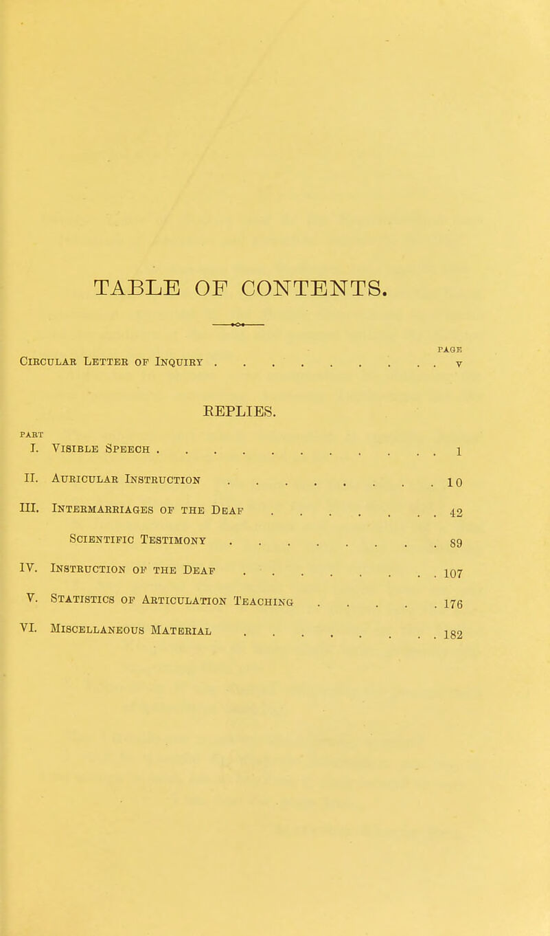 TABLE OF CONTENTS. PAGE ClECULAR LBTTEB OP INQUIRY V REPLIES. PABT I. Visible Speech 1 II. AuEicuLAE Instruction 10 III. Intermarriages of the Deaf 42 Scientific Testimony §9 IV. Instruction of the Deaf X07 V. Statistics op Articulation Teaching 176