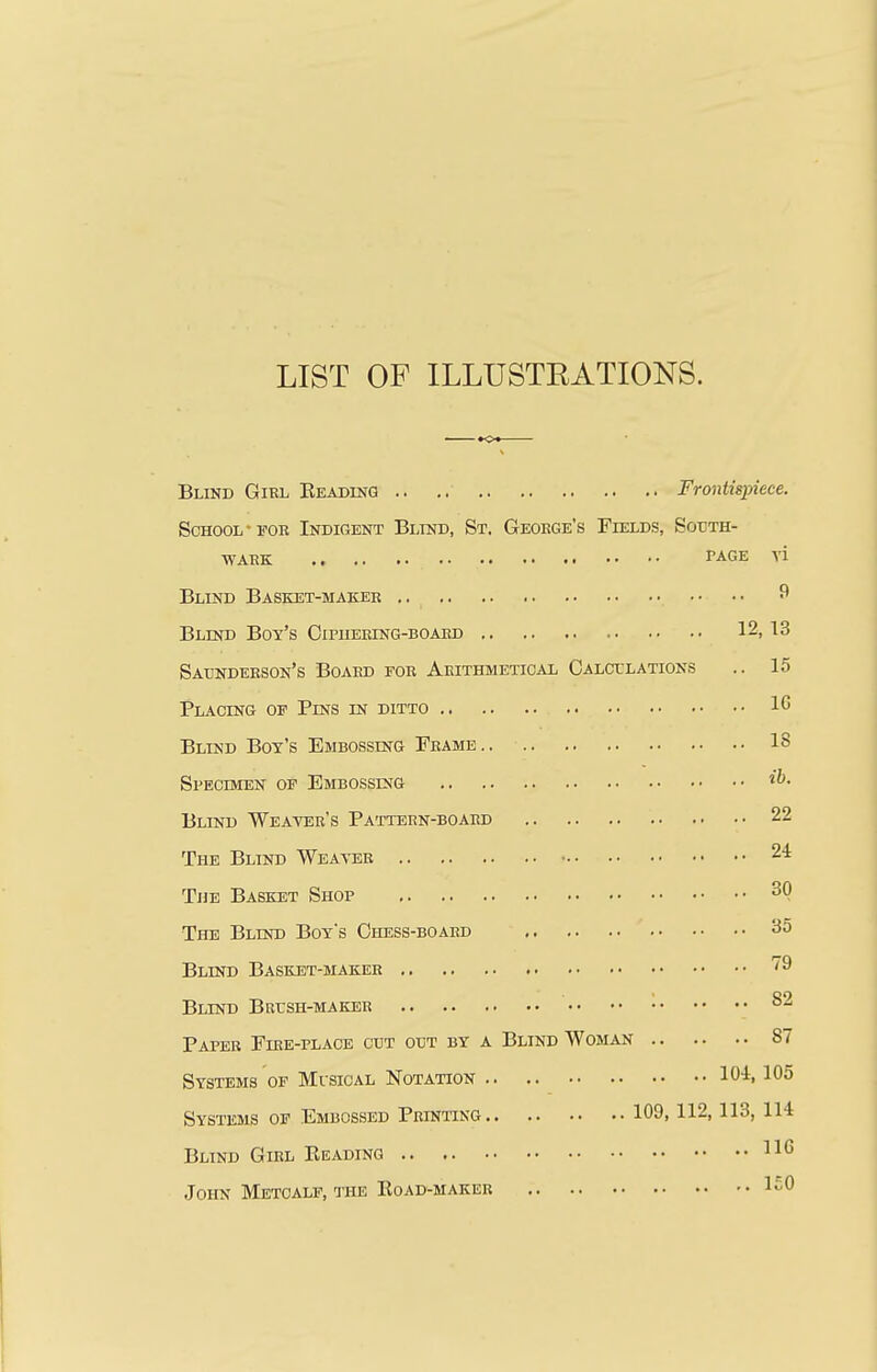 LIST OF ILLUSTEATIONS. BUST) Girl Beading .. ,. Frontispiece. School-FOB Indigent Blind, St, Geoege's Fields, South- WAKK PAGE A'l Blind Basket-makee Blind Boy's CiPUEEiNG-BOAitD 12,13 Saundeeson's Boaed foe Aeithmetical Galctlations .. 15 Placing of Pins in ditto Blind Boy's Embossing Feame IS Specimen of Embossing Blind Weatee's Pattern-boaed 22 The Blind Weaver 24 The Basket Shop The Blind Boys Chess-boaed 35 Blind Basket-maker ''^ Blind BRrsH-MAKER ^2 Paper Fire-place cut out by a Blind Woman 87 Systems of Musical Notation lOi, 105 Systems of Embossed Printing 109,112,113, 114 Blind Girl Beading ^1^ John Metoalf, the Bo ad-maker ISO