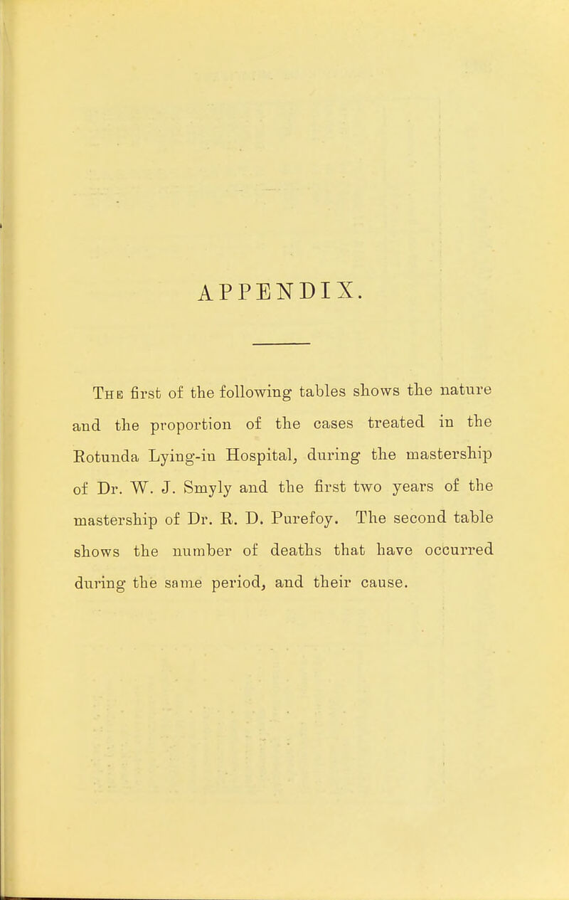 APPENDIX. The first of the following tables shows the nature and the proportion of the cases treated in the Eotunda Lying-in Hospital, during the mastership of Dr. W. J. Smyly and the first two years of the mastership of Dr. E. D. Purefoy. The second table shows the number of deaths that have occurred during the same period, and their cause.
