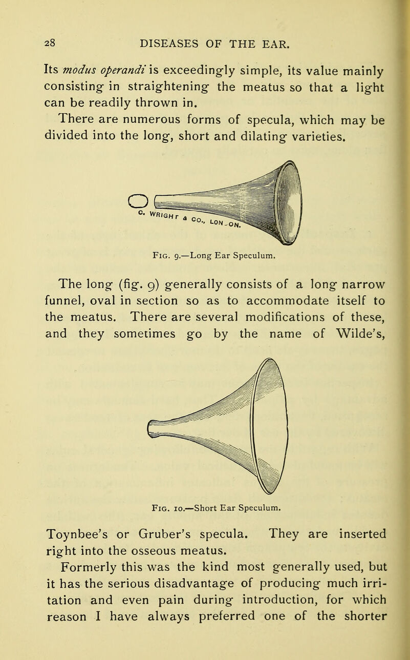 Its modus operandi is exceedingly simple, its value mainly consisting in straightening- the meatus so that a light can be readily thrown in. There are numerous forms of specula, which may be divided into the long, short and dilating varieties. Fig. 9.—Long Ear Speculum. The long (fig. 9) generally consists of a long narrow funnel, oval in section so as to accommodate itself to the meatus. There are several modifications of these, and they sometimes go by the name of Wilde's, Fig. 10.—Short Ear Speculum. Toynbee's or Gruber's specula. They are inserted right into the osseous meatus. Formerly this was the kind most generally used, but it has the serious disadvantage of producing much irri- tation and even pain during introduction, for which reason I have always preferred one of the shorter