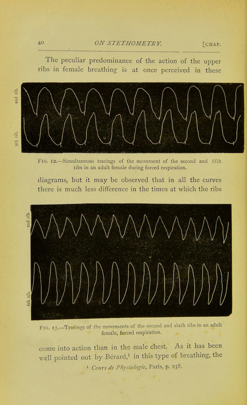 The peculiar predominance of the action of the upper ribs in female breathing is at once perceived in these Fig. 12.—Simultaneous tracings of the movement of the second and fifth ribs in an adult female during forced respiration. diagrams, but it may be observed that in all the curves there is much less difference in the times at M^hich the ribs Fig. n.—Tracings of the movements of the second and sixth ribs in an adult female, forced respiration. come into action than in the male chest. As it has been well pointed out by Berard/ in this type of breathing, the » Cours lie Physiologie, Paris, p. 258.