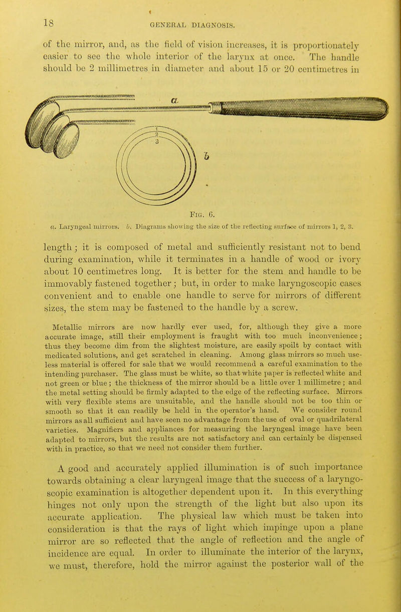 i of the mirror, and, as the field of vi«iou increases, it is proportionately easier to see the wliole interior of the larynx at once. The handle should be 2 millimetres in diameter and about 15 or 20 centimetres in Fig. 0. (!. Larj ngeal luirrois. b. Diagrams showing the size of the leflecting surface of luiiTors 1, 2, 3. length ; it is composed of metal and sufficiently resistant not to bend during examination, while it terminates in a handle of wood or ivory about 10 centimetres long. It is better for the stem and handle to be immovably fastened together; but, in order to make laryngoscopic cases convenient and to enable one handle to serve for mirrors of different sizes, the stem may be fastened to the handle b}- a screw. Metallic mirrors are now liardly ever used, for, although they give a more accurate image, still their employment is fraught with too mucli inconvenience; thus they become dim from the slightest moisture, are easily spoilt by contact with medicated solutions, and get scratched in cleaning. Among glass mh-rors so much use- less material is offered for sale that we wovild recommend a careful examination to the intending purchaser. The glass must be white, so tliat white paper is reflected white and not green or blue ; the thickness of the mirror should be a little over 1 millimetre ; and tlie metal setting should be firmly adapted to the edge of the reflecting sm-face. Mirrors with very flexible stems are unsuitable, and the handle should not be too thin or smooth so that it can readily be held in the operator's hand. We consider round mirrors as all svifficient and have seen no advantage from the use of oval or qtiadrilateral varieties. Magnifiers and appliances for measuring the laryngeal image have been adapted to mirrors, but the results are not satisfactory and can certainly be dispensed witli in i^ractice, so that we need not consider them fm-ther. A good and accurately applied illumination is of such importance towards obtaining a clear laryngeal image that the success of a laryngo- scopic examination is altogether dependent upon it. In this everything hinges not only upon the strength of the light but also upon its accurate application. The physical law which must be taken into consideration is that the rays of light which impinge upon a plane miiTor are so reflected that the angle of reflection and the angle of incidence are equal. In order to illuminate the interior of tlie larynx, we must, therefore, hold the mirror against the posterior wall of the