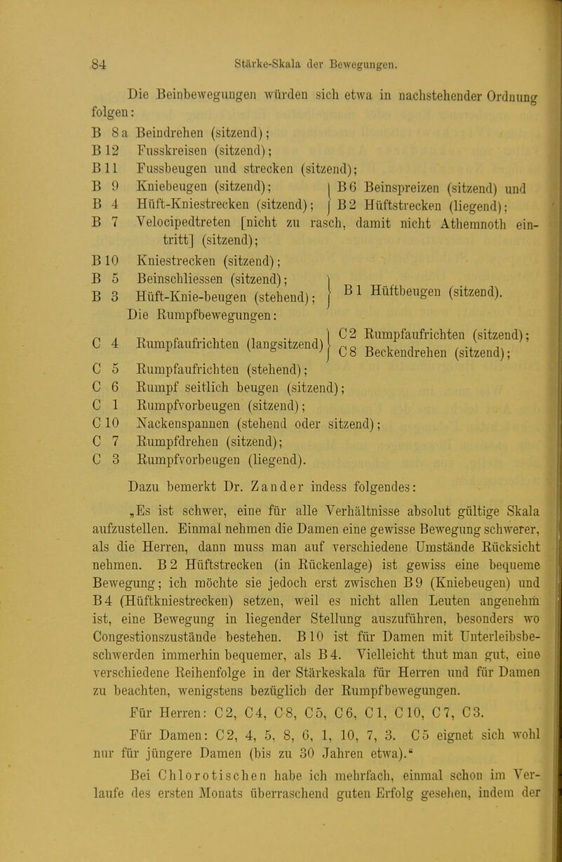 Die Beinbeweguugeji würden sich etwa in nachstehender Ordnung folgen: B 8a Beindrehen (sitzend); B 12 Fusskreisen (sitzend); B 11 Fussbeugen und strecken (sitzend); B 9 Kniebeugen (sitzend); | B 6 Beinspreizen (sitzend) und B 4 Hüft-Kniestrecken (sitzend); J B2 Hüftstrecken (liegend); B 7 Velocipedtreten [nicht zu rasch, damit nicht Athemnoth ein- tritt] (sitzend); BIO Kniestrecken (sitzend); B 5 Beinschliessen (sitzend); ] B 3 Hüft-Knie-beugen (stehend); | Hüftbeugen (sitzend). Die Kumpfbewegungen: ^ , T> r. j> • 1X C2 Kumpfaufi-ichten (sitzend); C 4 Lumpfaufrichten (langsitzend)| B^ckendrehen (sitzend); C 5 Eiimpfaiifrichten (stehend); C 6 Kumpf seitlich beugen (sitzend); C 1 Eumpfvorbeugen (sitzend); C 10 Nackenspannen (stehend oder sitzend); C 7 Eumpfdrehen (sitzend); C 3 Eumpfvorbeugen (liegend). Dazu bemerkt Dr. Zander indess folgendes: „Es ist schwer, eine für alle Verhältnisse absolut gültige Skala aufzustellen. Einmal nehmen die Damen eine gewisse Bewegung schwerer, als die Herren, dann muss man auf verschiedene Umstände Eücksicht nehmen. B 2 Hüftstrecken (in Eückenlage) ist gewiss eine bequeme Bewegung; ich möchte sie jedoch erst zwischen B9 (Kniebeugen) und B4 (Hüftkniestrecken) setzen, weil es nicht allen Leuten angenehm ist, eine Bewegung in liegender Stellung auszuführen, besonders wo Congestionszustände bestehen. BIO ist für Damen mit Unterleibsbe- scliwerden immerhin bequemer, als B 4. Vielleicht thut man gut, eine verschiedene Keihenfolge in der Stärkeskala für Herren und für Damen zu beachten, wenigstens bezüglich der Eumpfbewegungen. Für Herren: C2, C4, CS, C5, C6, Cl, CIO, C7, C3. Für Damen: C2, 4, 5, 8, 6, 1, 10, 7, 3. C5 eignet sich wohl nur für jüngere Damen (bis zu 30 Jahren etwa). Bei Chlor otischen habe ich mehrfach, einmal schon im Ver- laufe des ersten Monats überraschend guten Erfolg gesehen, indem der